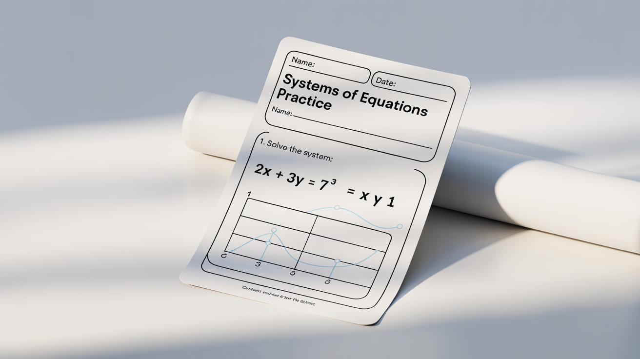 A clean, modern math worksheet for practicing systems of equations, featuring several problems and a small graph, displayed on a white background.