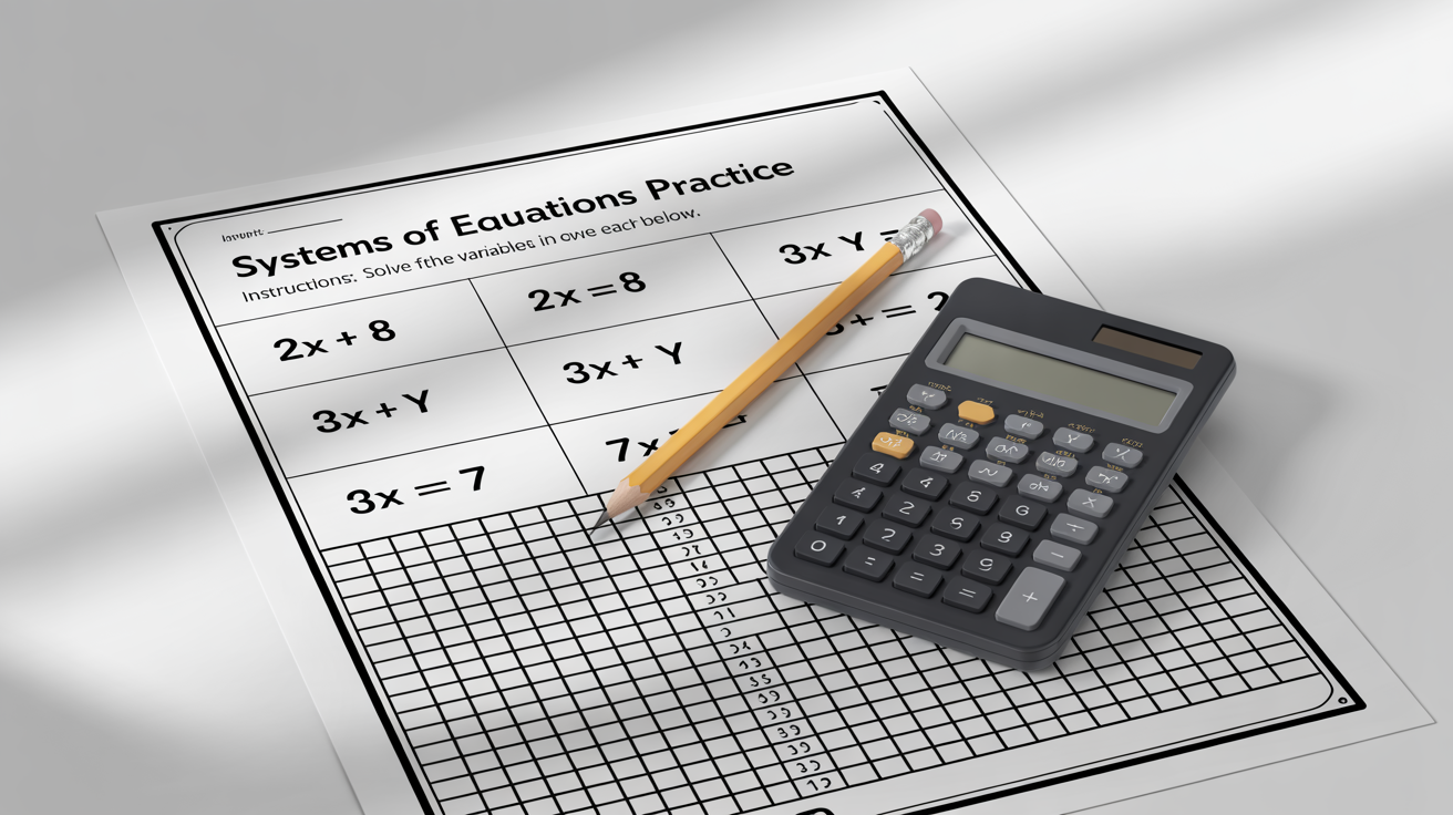 A mockup of a systems of equations math worksheet with a pencil and calculator resting beside it on a clean white background.