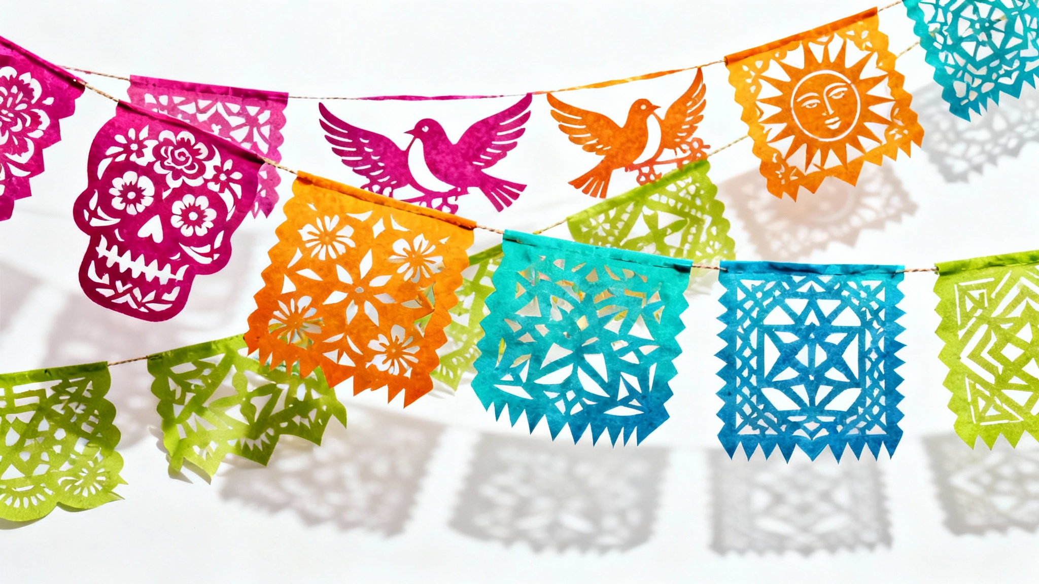 A vibrant collection of intricately cut papel picado banners in various colors and designs, including skulls and birds, strung up against a plain white background.