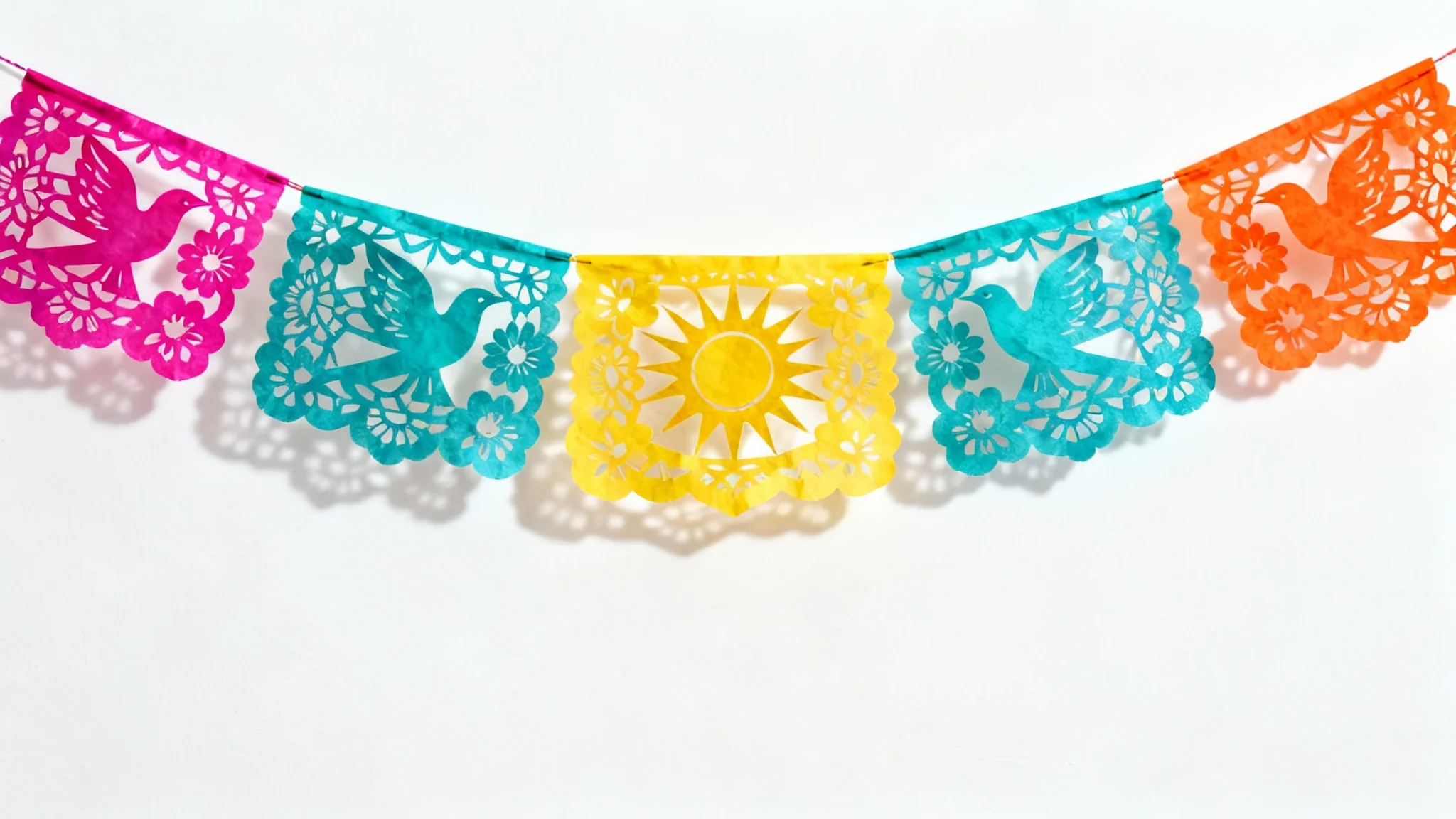 A colorful string of Mexican papel picado banners, featuring intricate cut-out designs of flowers and doves, hanging against a clean white background.