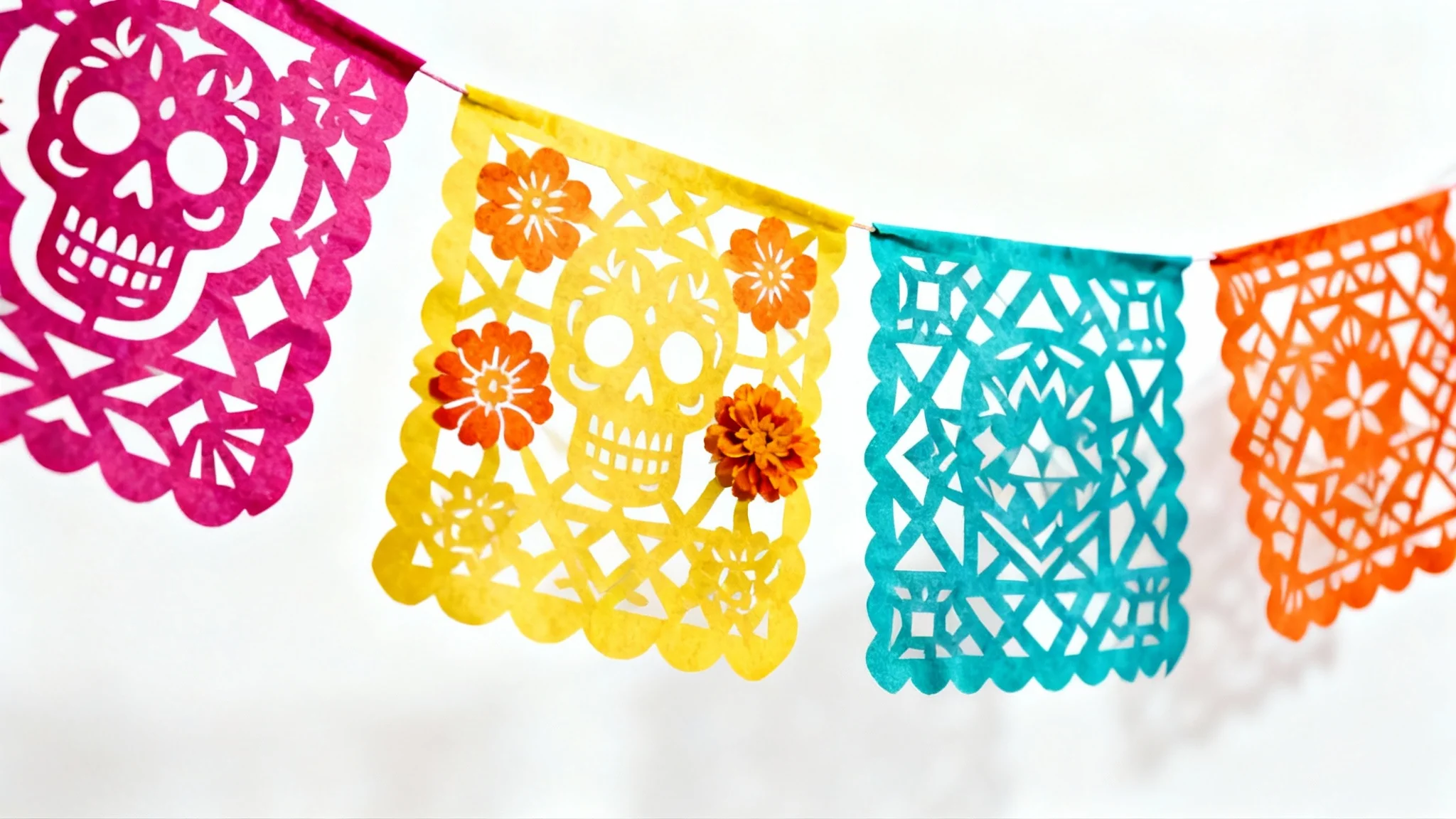A colorful string of traditional Mexican papel picado, featuring intricate cutout designs of skulls and flowers in bright colors, displayed against a plain white background.