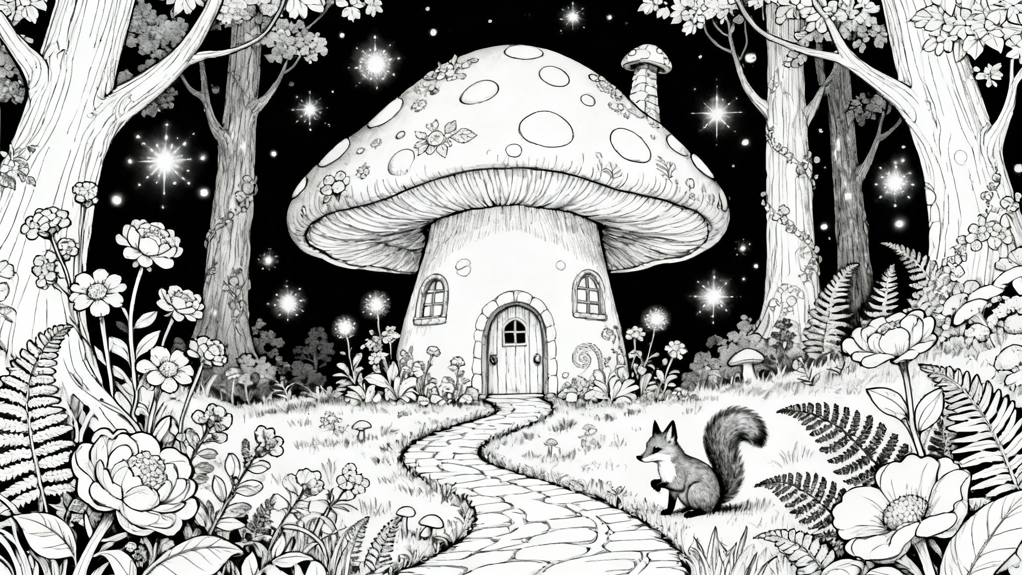 A detailed black and white coloring page illustration of an enchanted forest scene, featuring a large mushroom house and woodland animals, with clean lines ready to be colored in.