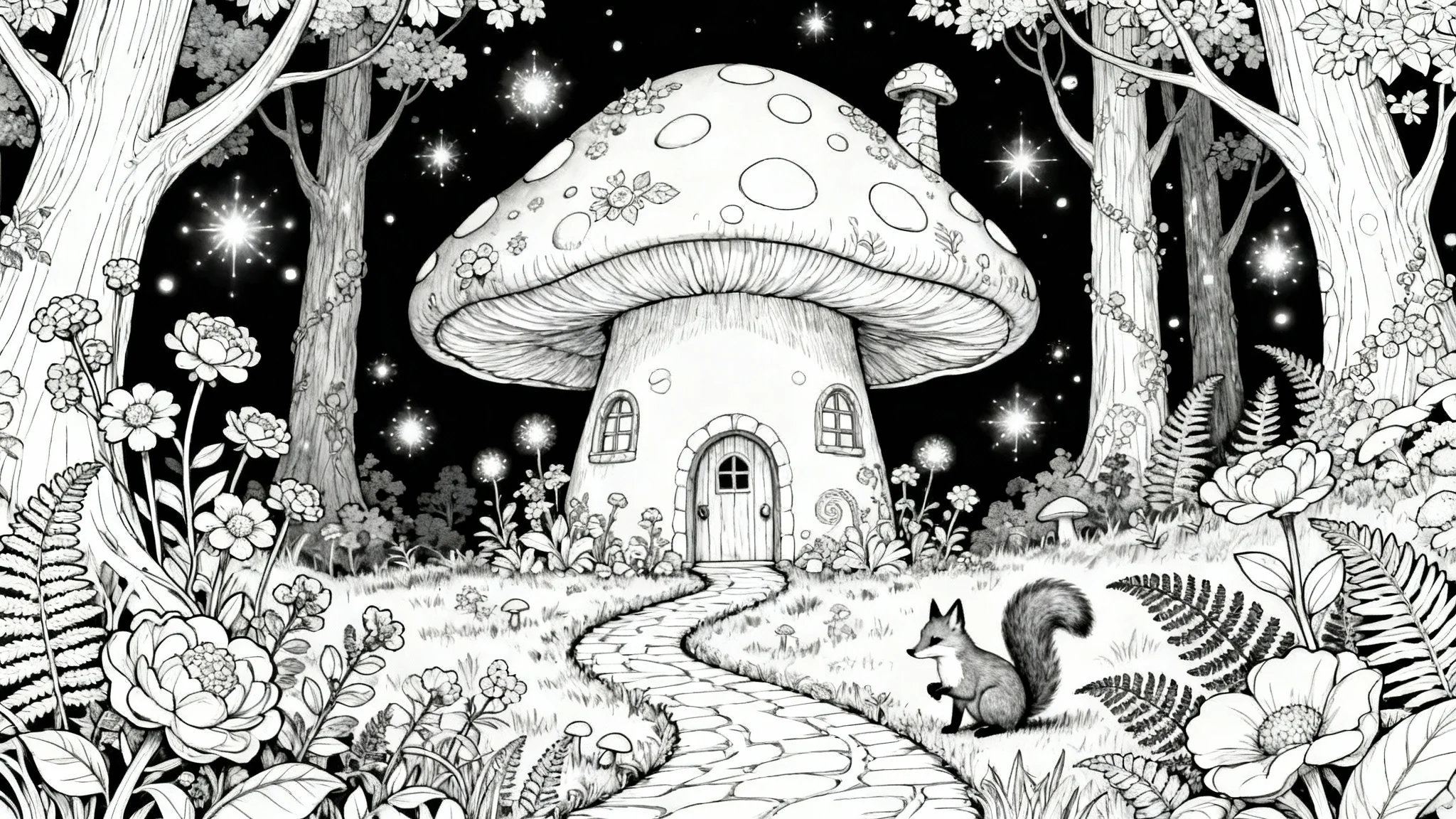A detailed black and white coloring page illustration of an enchanted forest scene, featuring a large mushroom house and woodland animals, with clean lines ready to be colored in.
