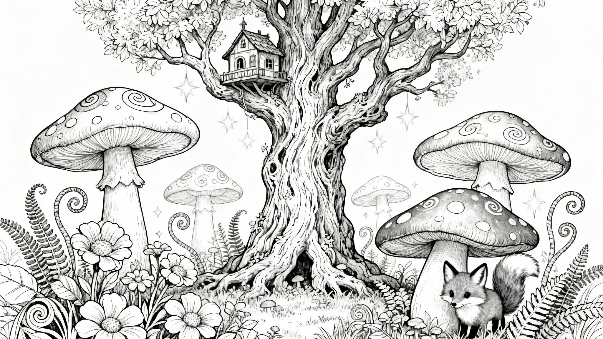 A beautiful and detailed black and white coloring page of an enchanted forest scene, featuring a central treehouse, fantastical plants, and a small fox, ready to be colored.