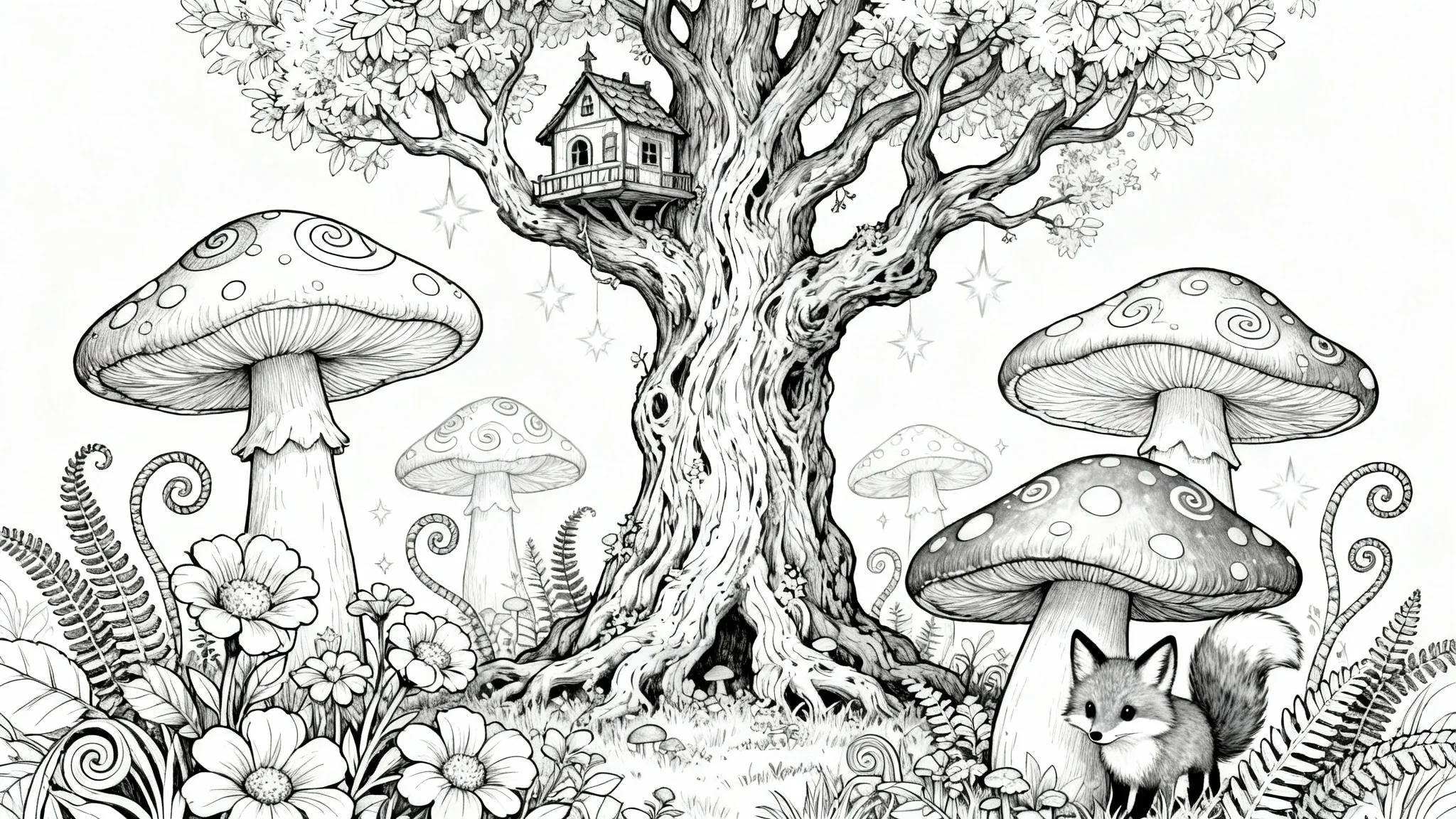 A beautiful and detailed black and white coloring page of an enchanted forest scene, featuring a central treehouse, fantastical plants, and a small fox, ready to be colored.