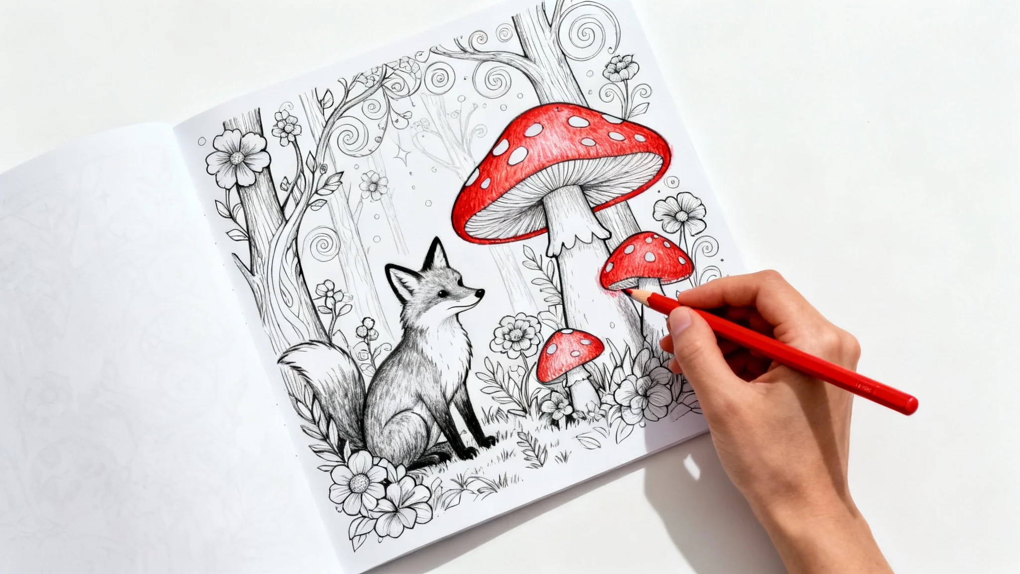 A close-up, top-down view of a hand coloring a whimsical forest scene on a coloring page with a red pencil, set against a plain white background.