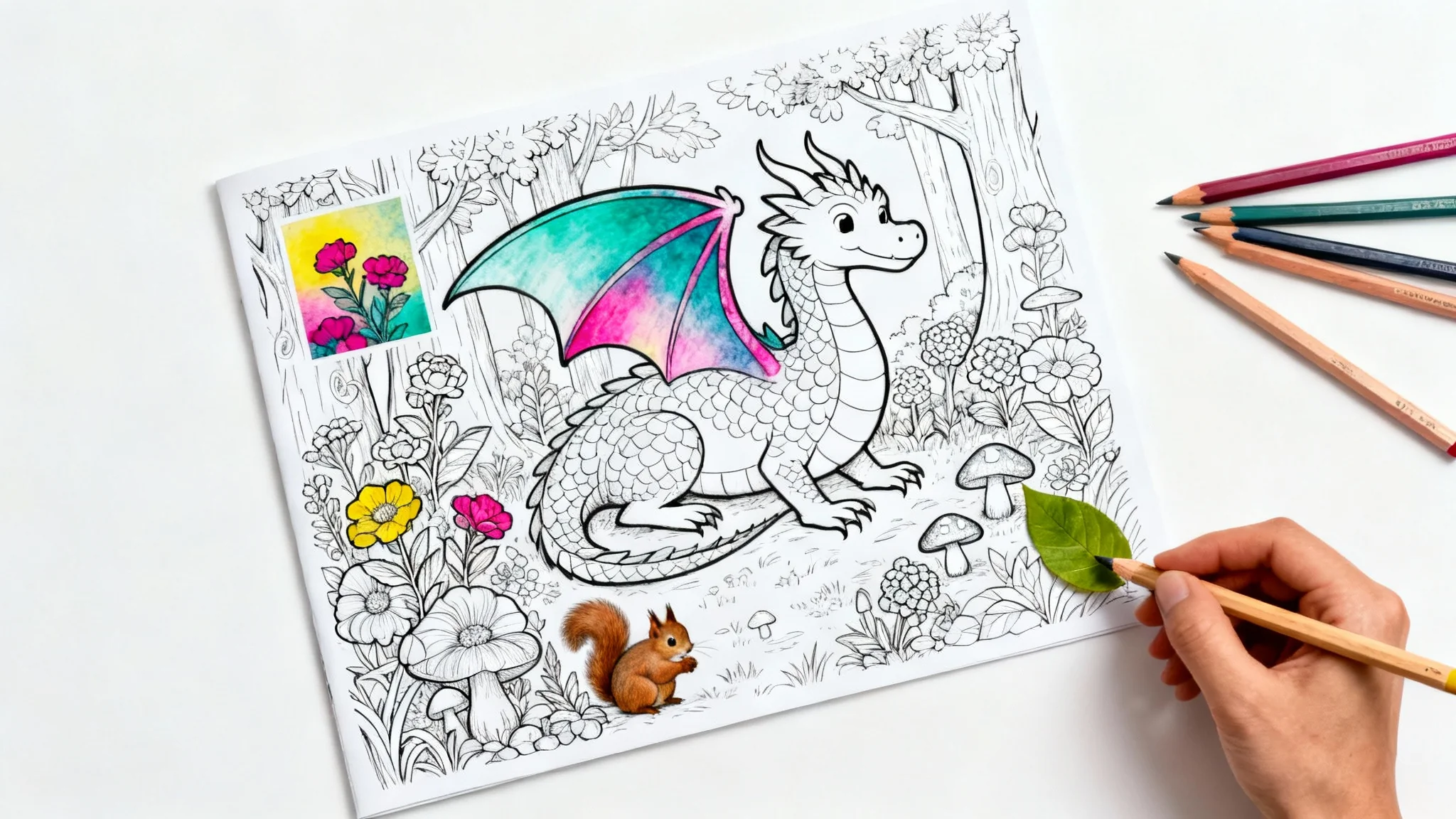 A flat lay image of a detailed coloring page depicting a friendly dragon in a forest. A hand is shown coloring in a section with colored pencils on a clean white background.
