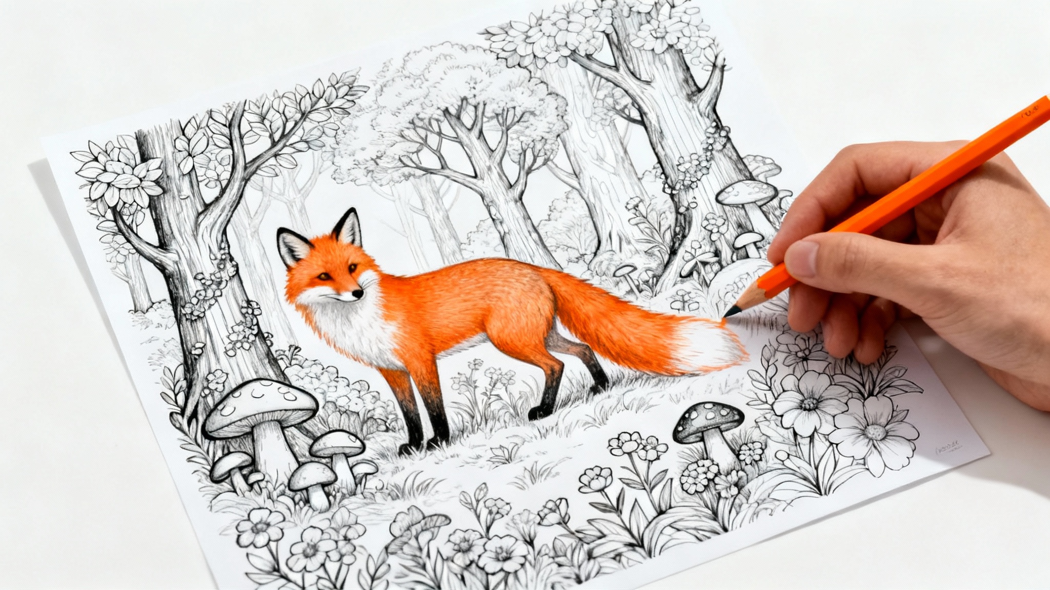 A top-down view of a hand with a colored pencil filling in a black-and-white coloring page of a fox in a forest, set against a white background.