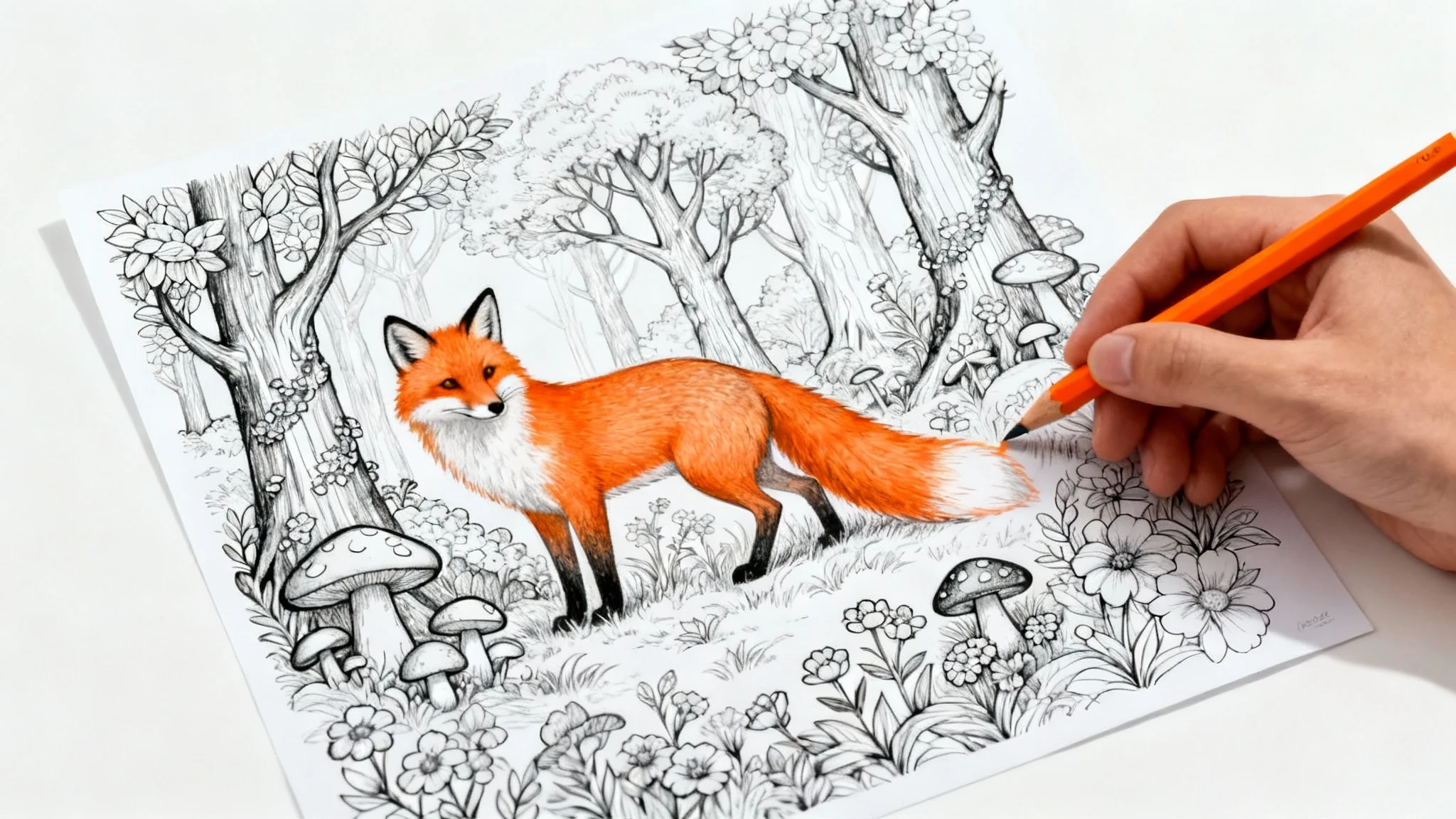 A top-down view of a hand with a colored pencil filling in a black-and-white coloring page of a fox in a forest, set against a white background.