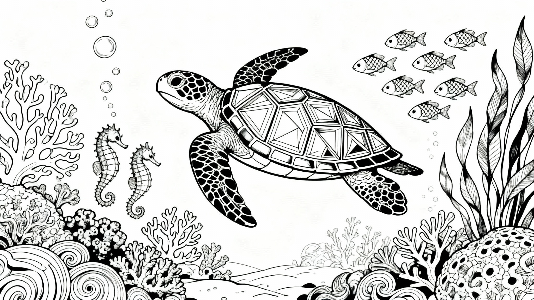 A black and white line art coloring page of an underwater scene, featuring a large sea turtle with patterns on its shell, surrounded by fish, coral, and seahorses.