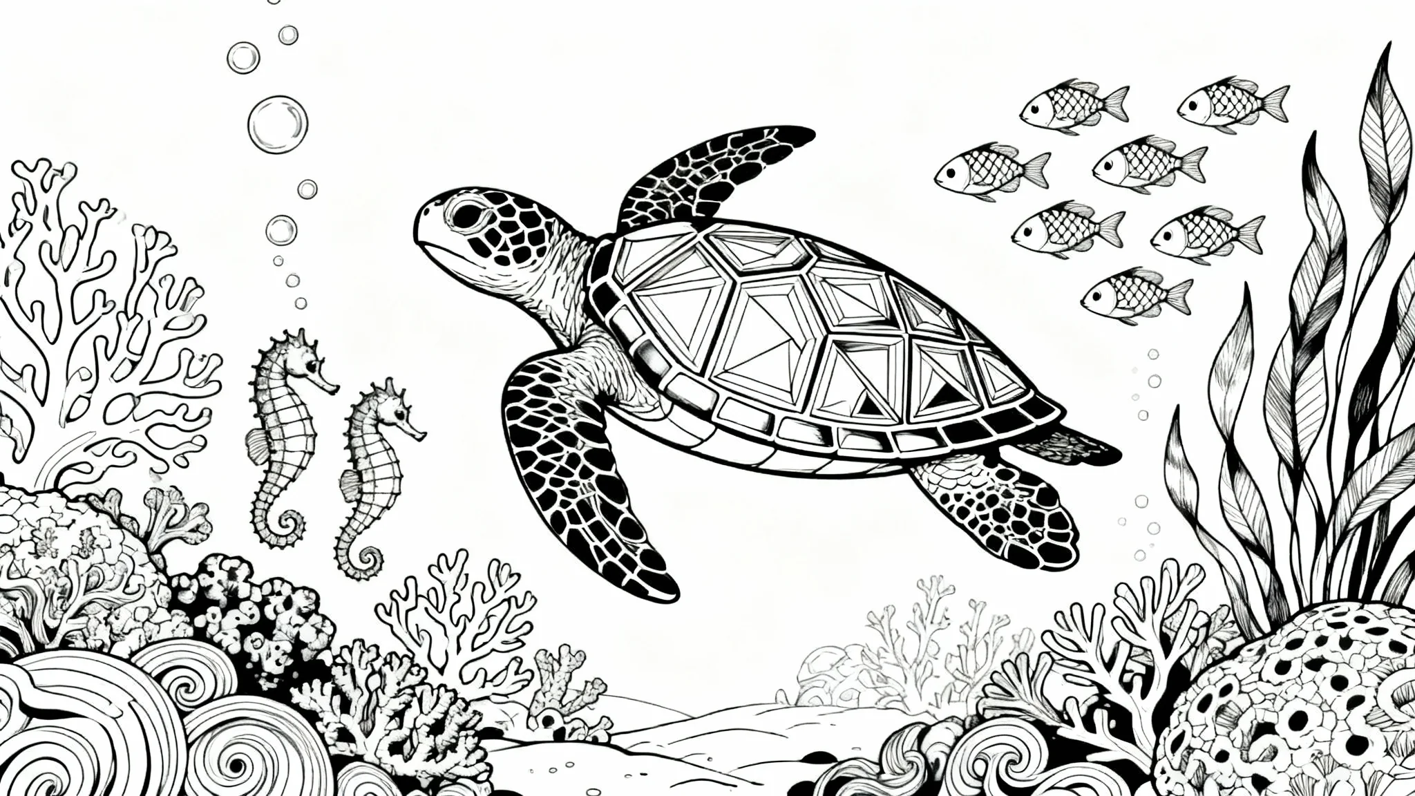 A black and white line art coloring page of an underwater scene, featuring a large sea turtle with patterns on its shell, surrounded by fish, coral, and seahorses.
