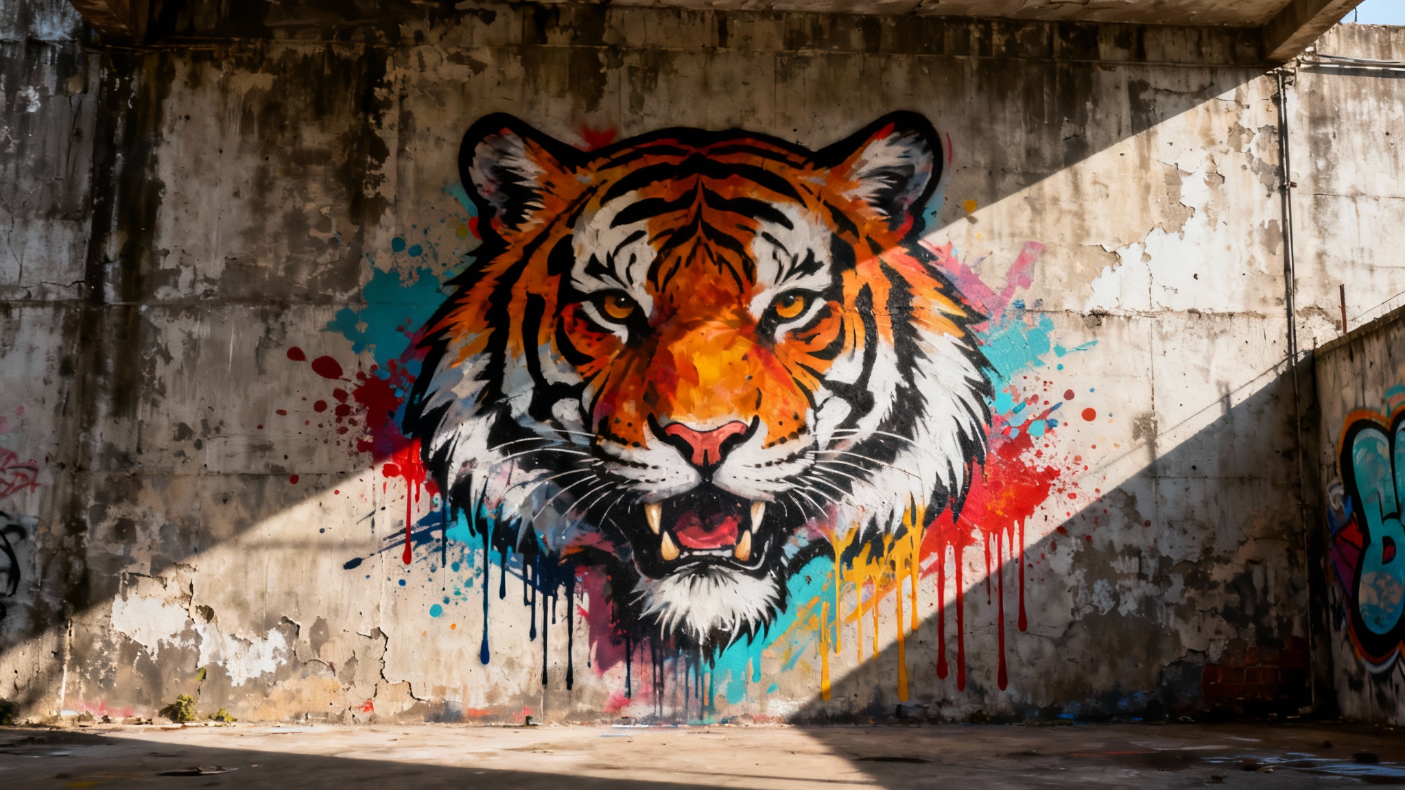 A wide-angle photo of a large, colorful street art mural painted on a concrete wall, depicting a tiger's head in a realistic yet stylized graffiti manner.