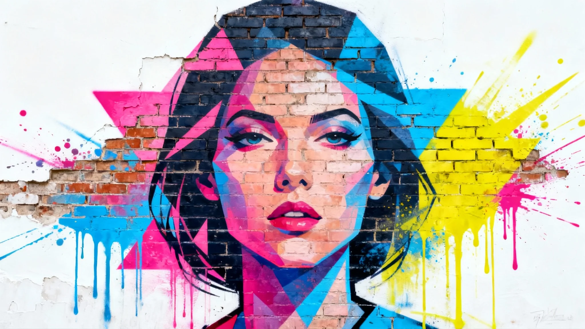 A vibrant street art mural of a woman's face painted on a brick wall, set against a clean white background, showcasing a mix of geometric and spray-paint styles.