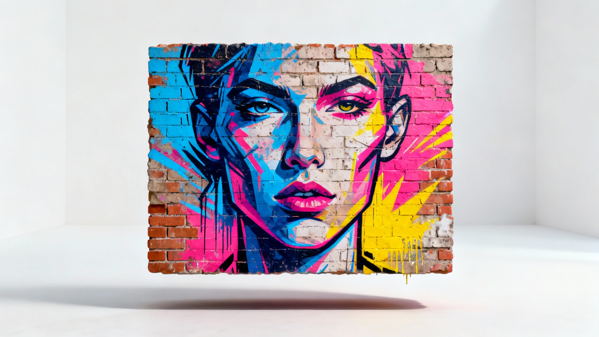 A photorealistic mockup of a vibrant street art mural on a section of a brick wall, featuring an abstract portrait in bold colors, isolated against a clean white background.