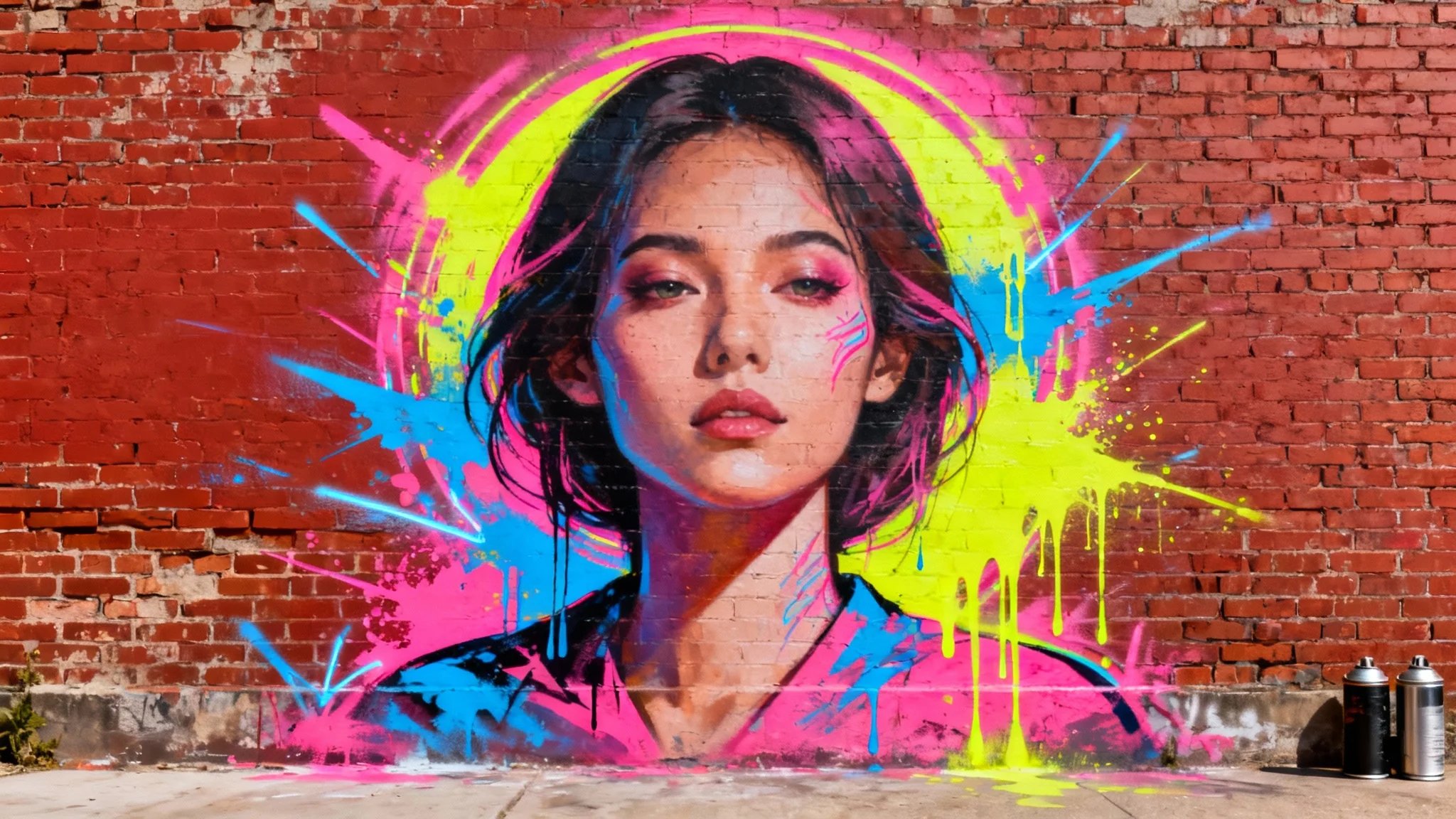 A vibrant street art mural on a red brick wall, featuring a realistic portrait of a woman's face surrounded by colorful abstract splashes of spray paint.