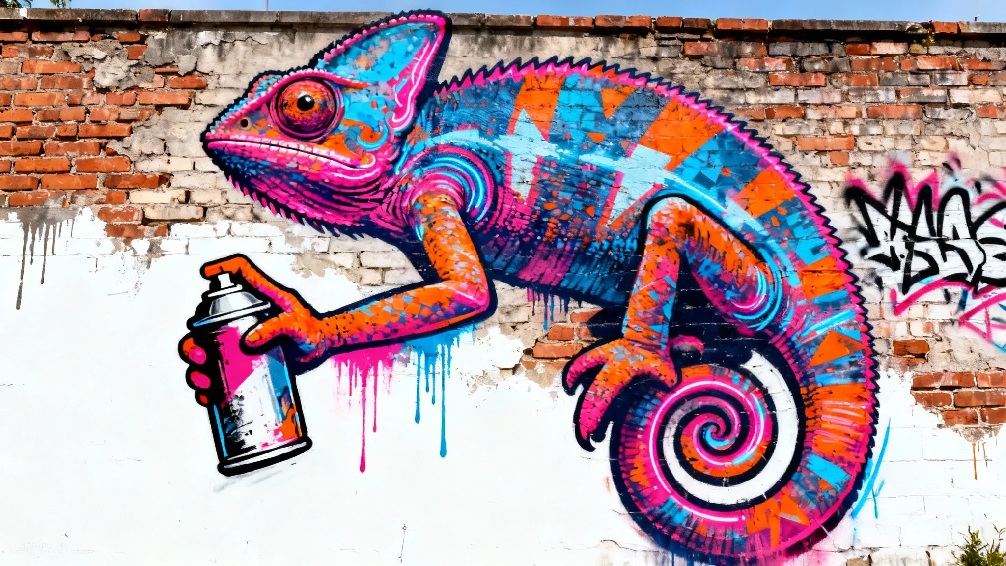 A vibrant street art mural of a colorful chameleon holding a spray paint can, painted on a brick wall and isolated against a clean white background.