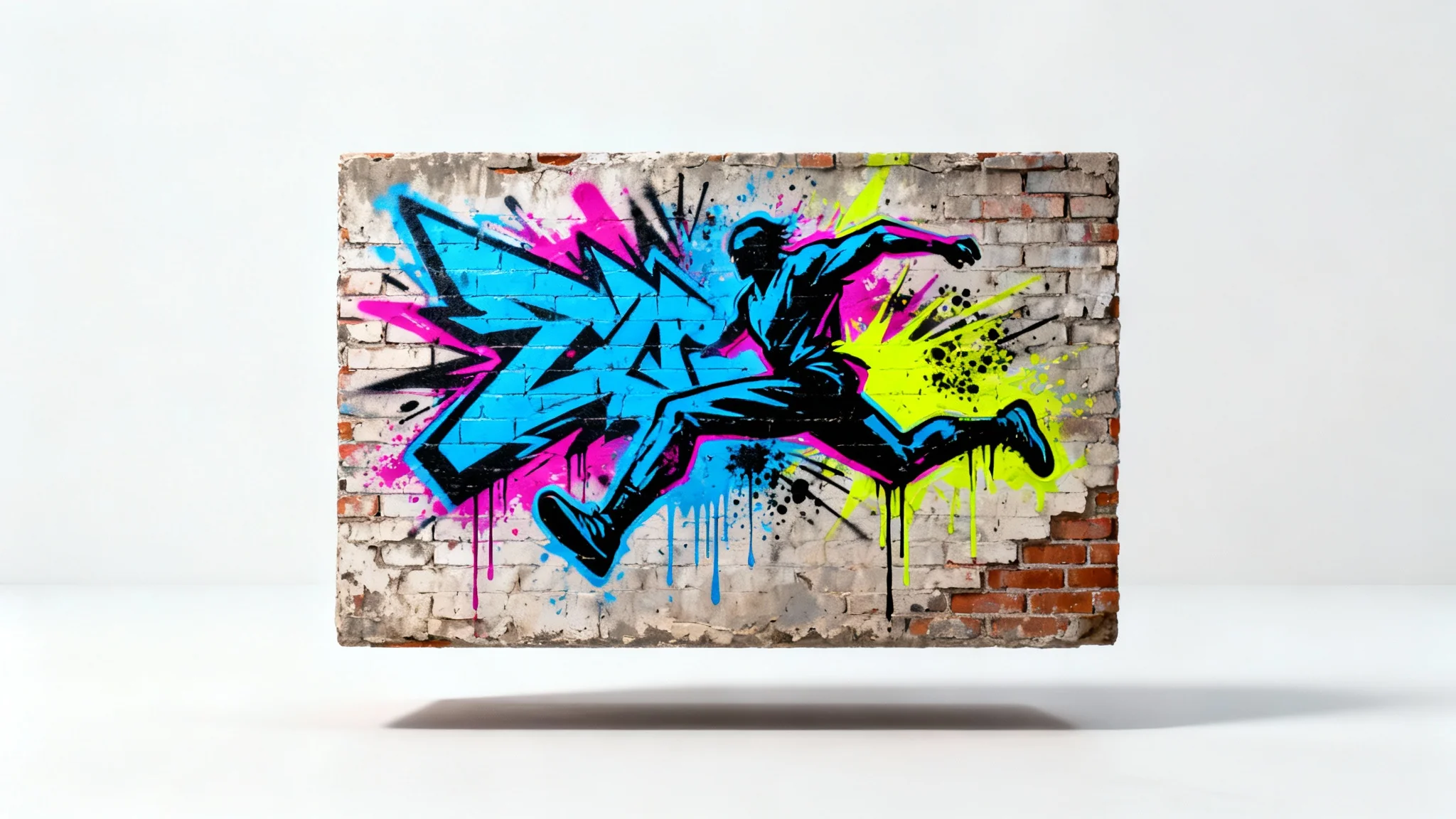 A photorealistic mockup of a vibrant street art mural on a section of a brick wall, set against a clean white background.