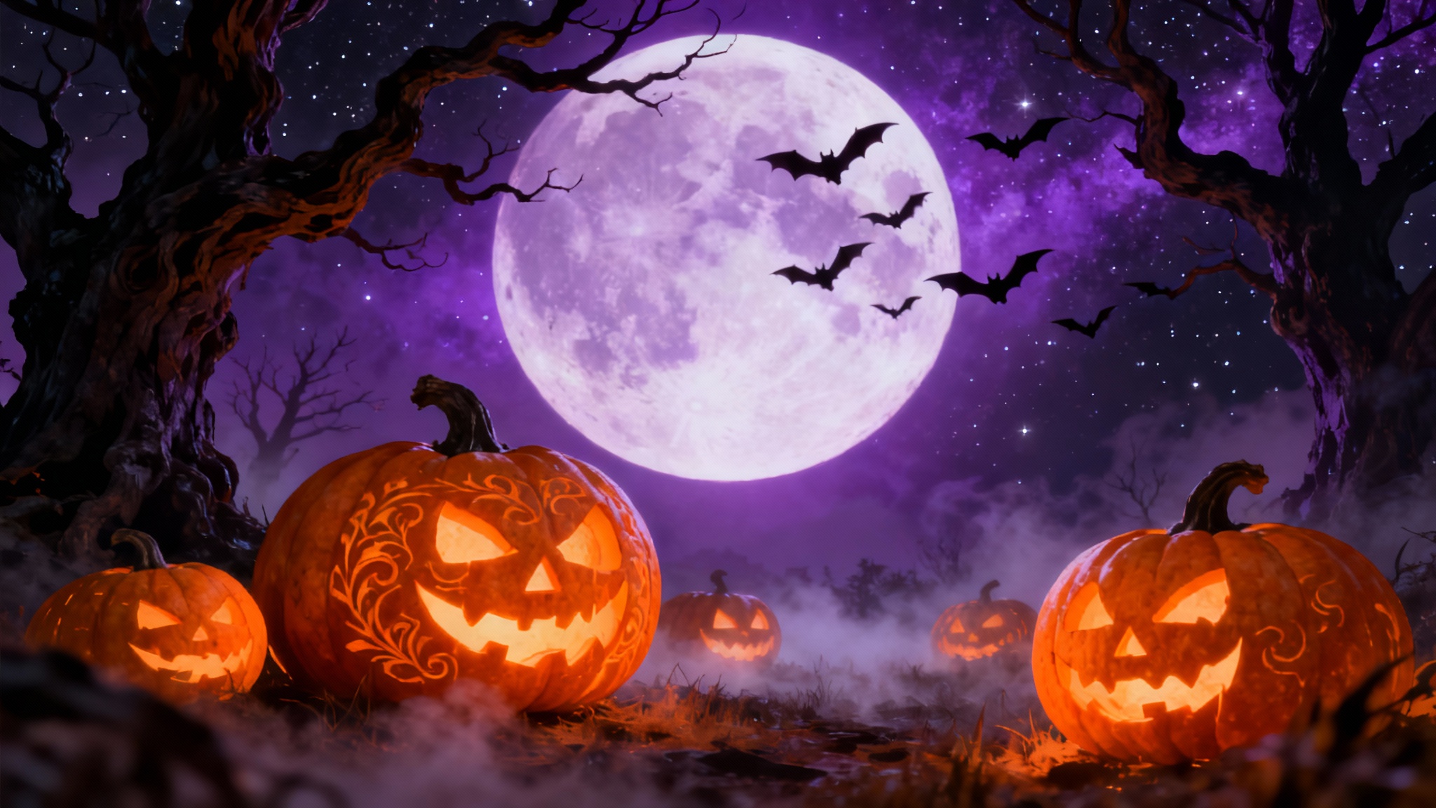 A vibrant and spooky Halloween background showing a field of glowing jack-o'-lanterns, silhouetted bare trees, and a large full moon in a purple night sky with bats.