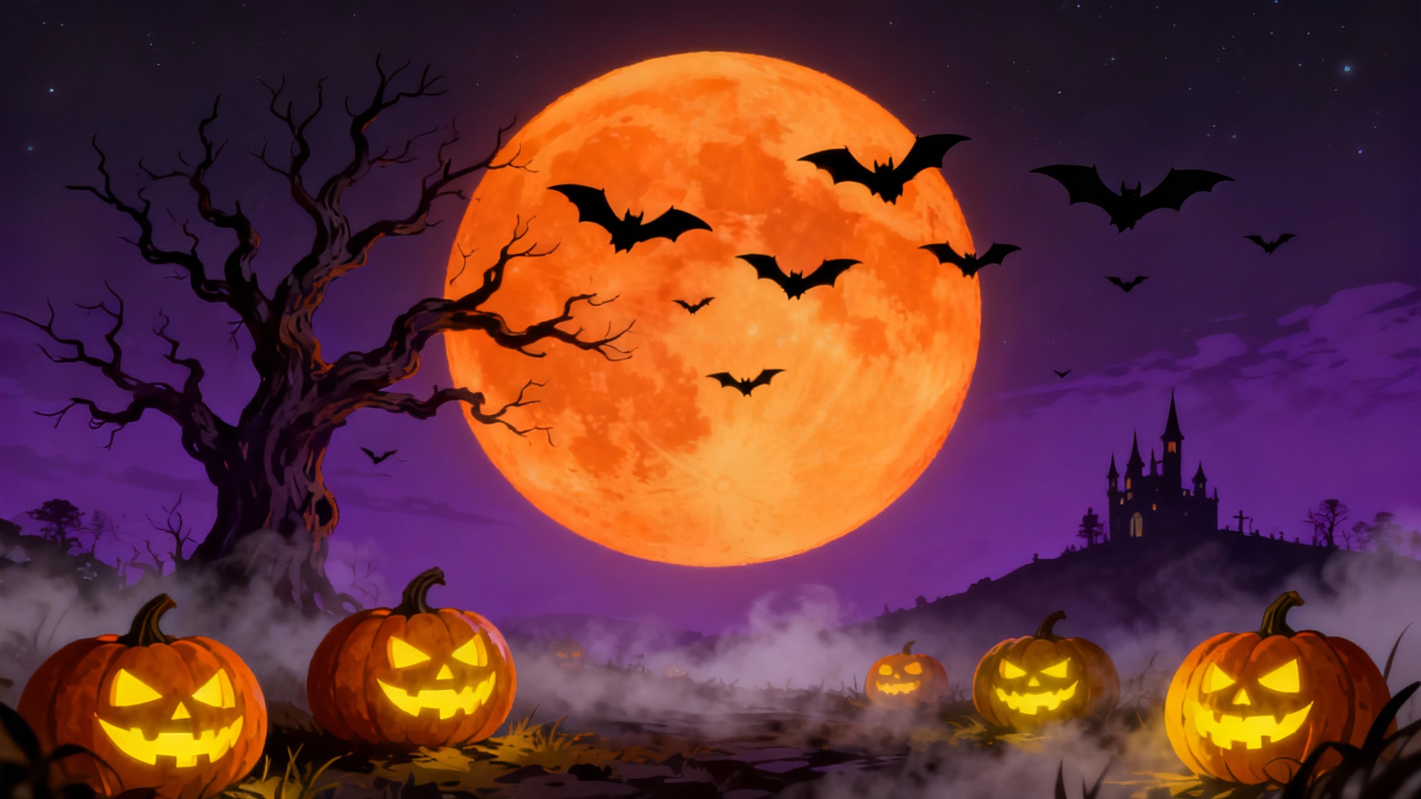 A digital illustration of a spooky Halloween scene, with a large orange moon, a silhouetted tree, flying bats, and glowing jack-o'-lanterns in the foreground.