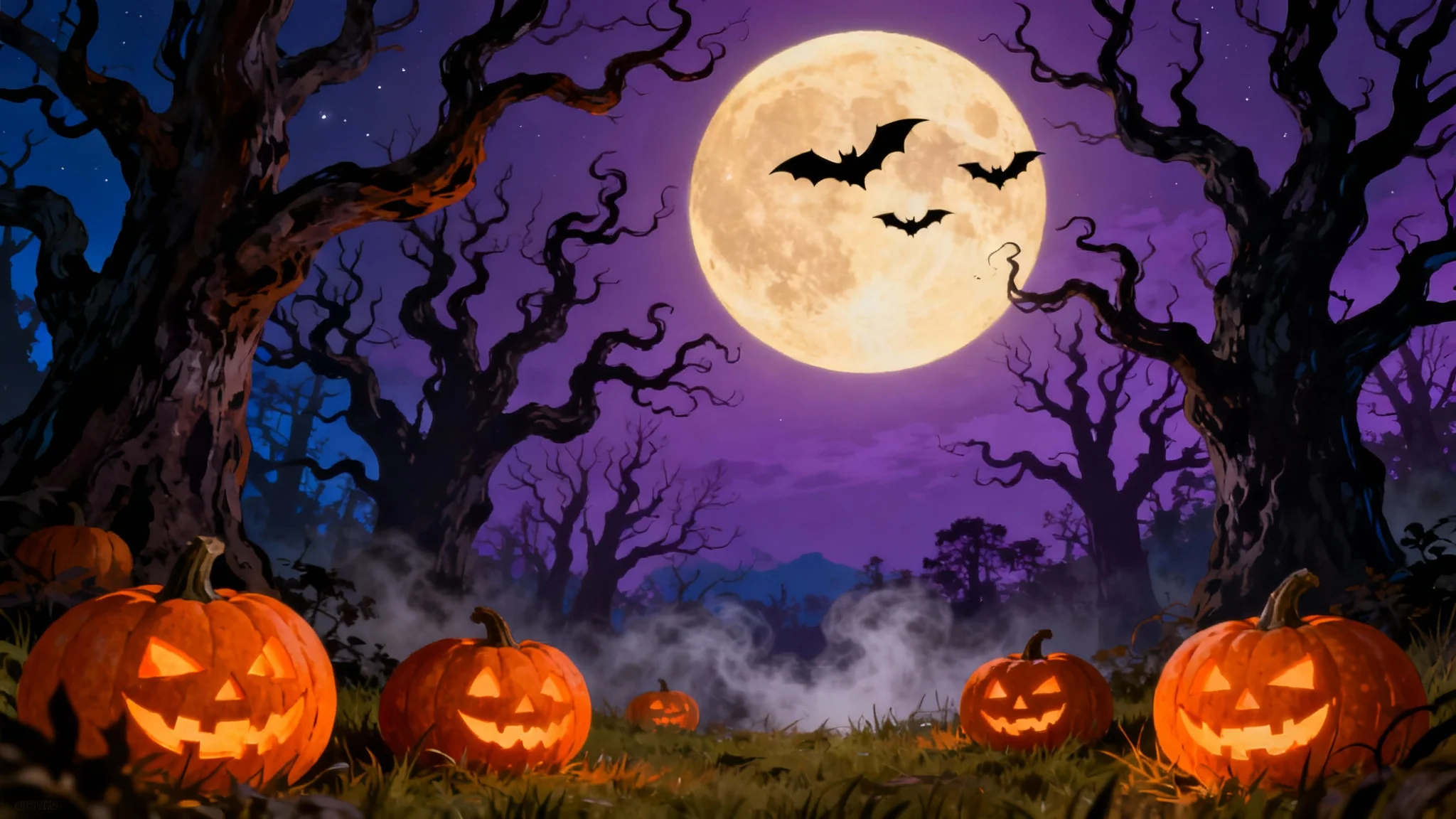 A spooky and festive Halloween background illustration, showing glowing jack-o'-lanterns in a haunted forest under a full moon.