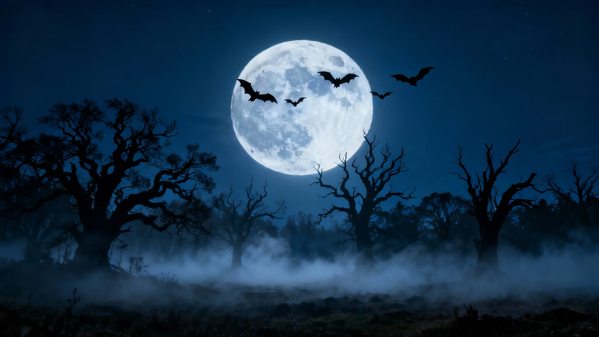 An atmospheric Halloween background showing a dark, spooky forest silhouetted against a large, glowing full moon in a foggy night sky.