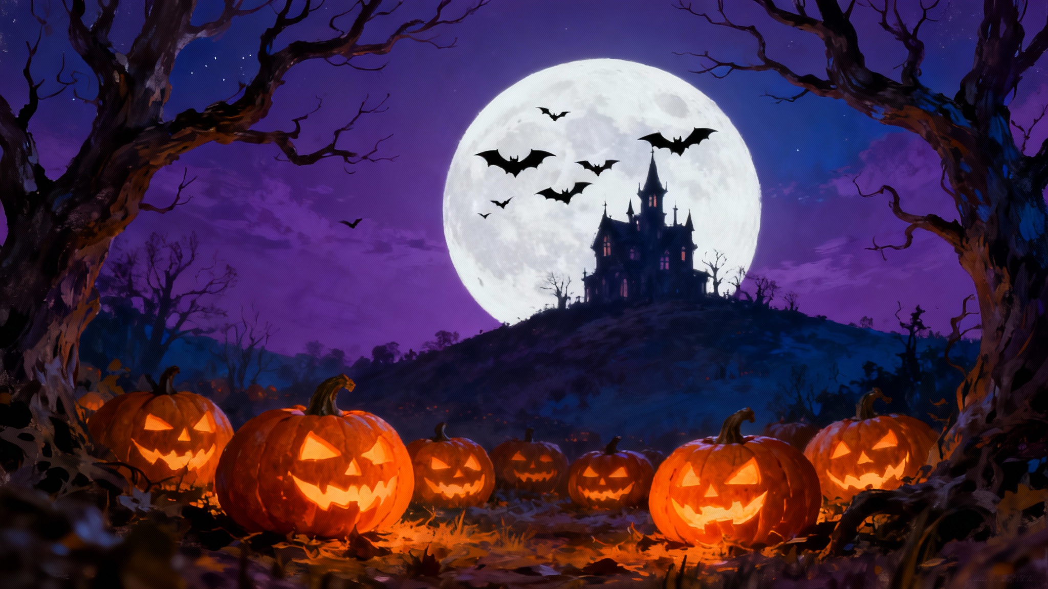 A digital illustration of a spooky Halloween background, featuring glowing jack-o'-lanterns in the foreground, a haunted house on a hill, and a large full moon with bats flying across it.