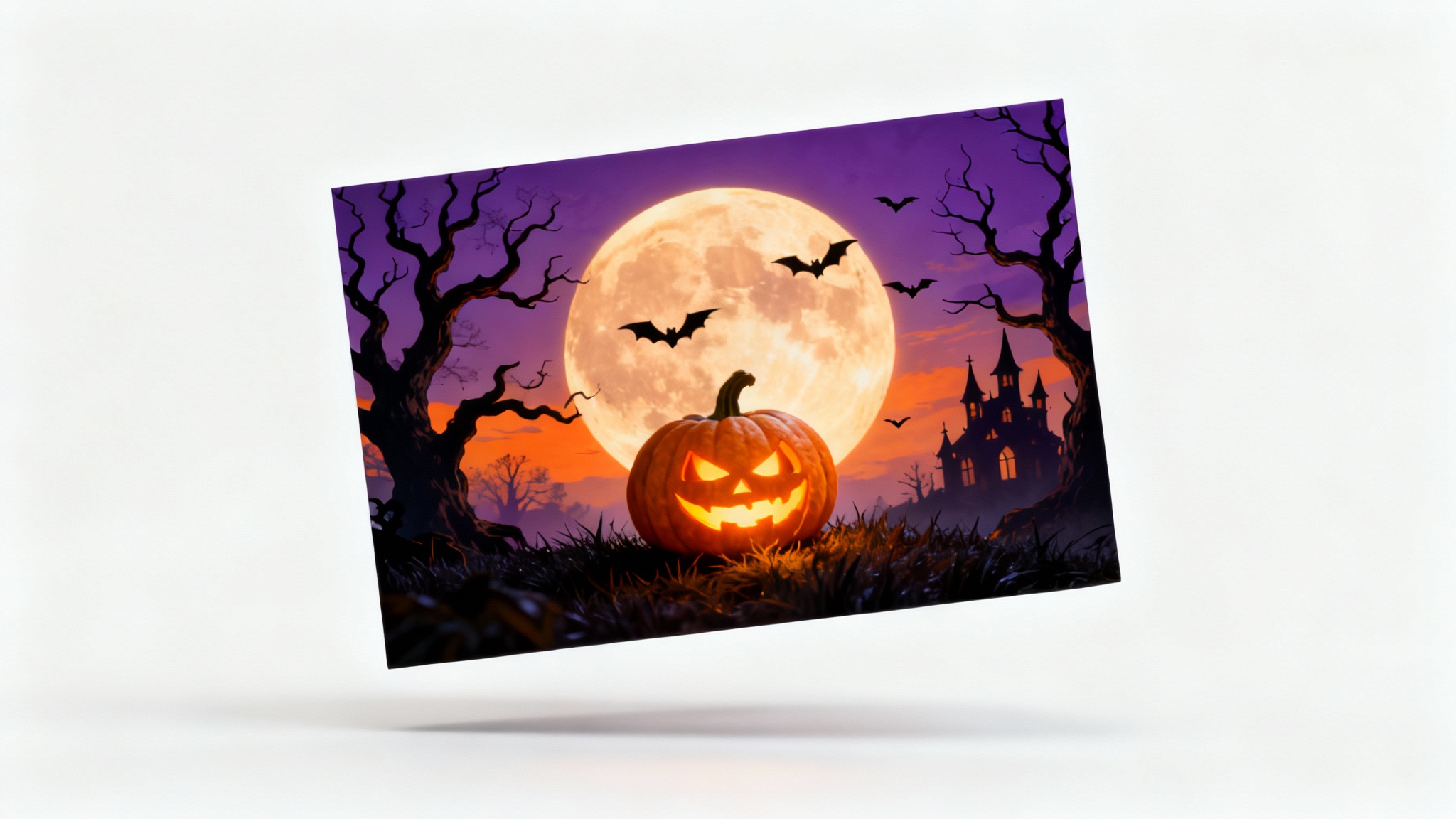 A vibrant Halloween background mockup featuring a glowing jack-o'-lantern, spooky trees, and a full moon, presented as a rectangular image on a clean white background.