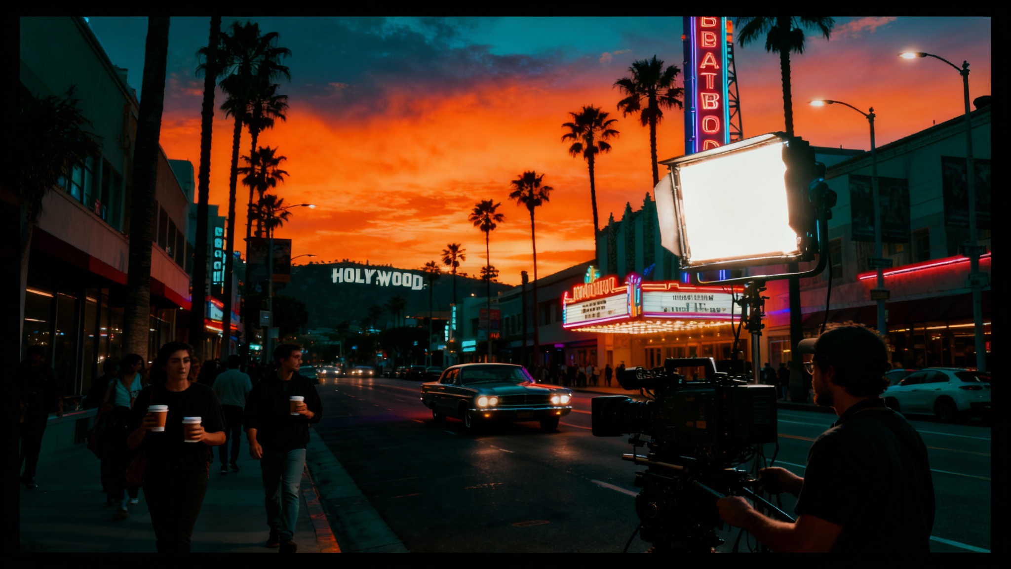 A wide, cinematic shot of a Hollywood street at sunset, featuring dramatic orange and teal color grading. Palm trees are silhouetted against the sky, and neon lights illuminate classic cars and people on the sidewalk, creating a vibrant, movie-like scene.