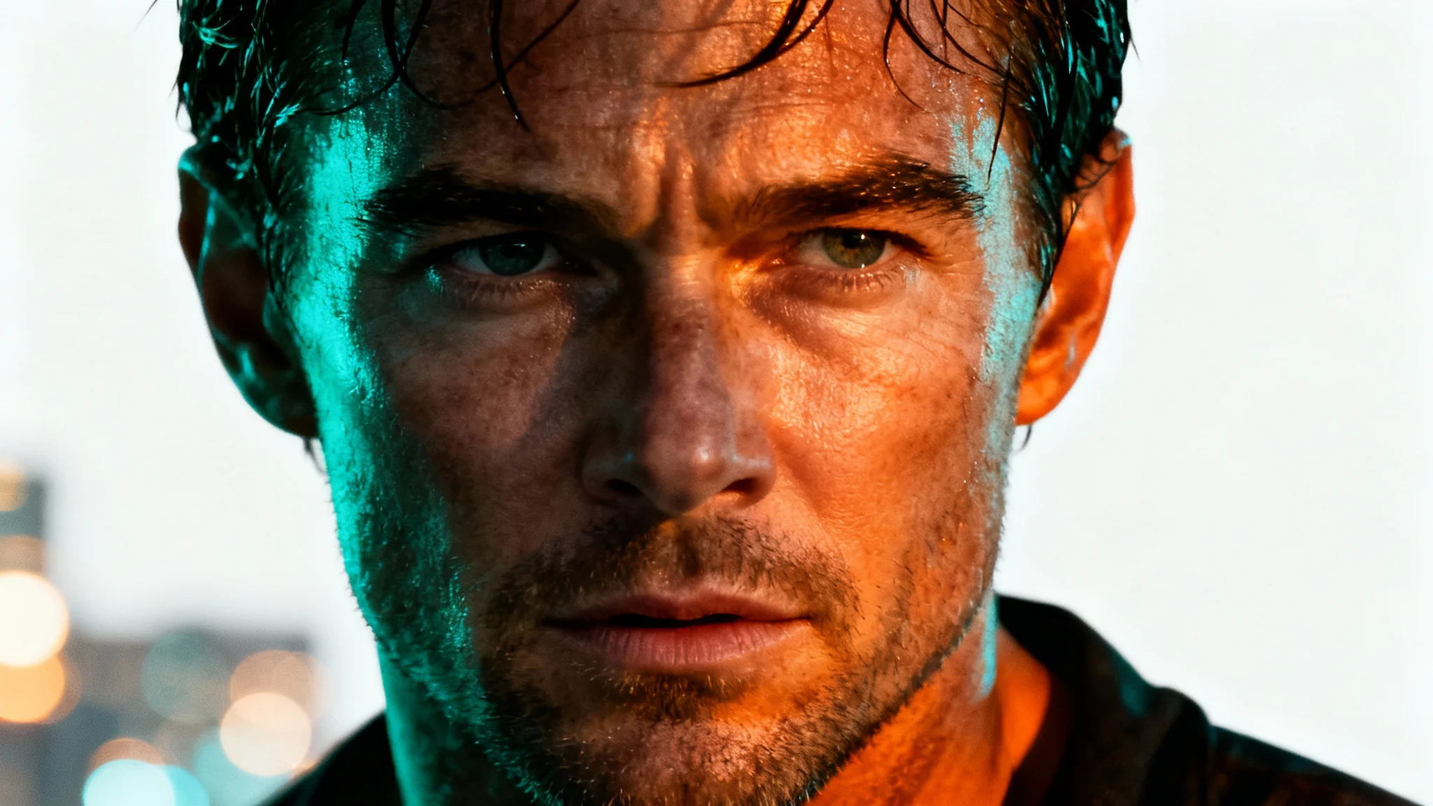 A close-up portrait of a man's face dramatically lit and color-graded in the Hollywood teal and orange style, demonstrating a cinematic color effect.