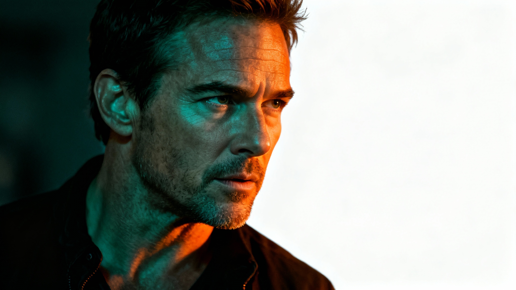 A cinematic close-up of a man's face demonstrating a Hollywood-style teal and orange color grade, with warm light on his skin and cool blue tones in the shadows, presented as a mockup on a white background.