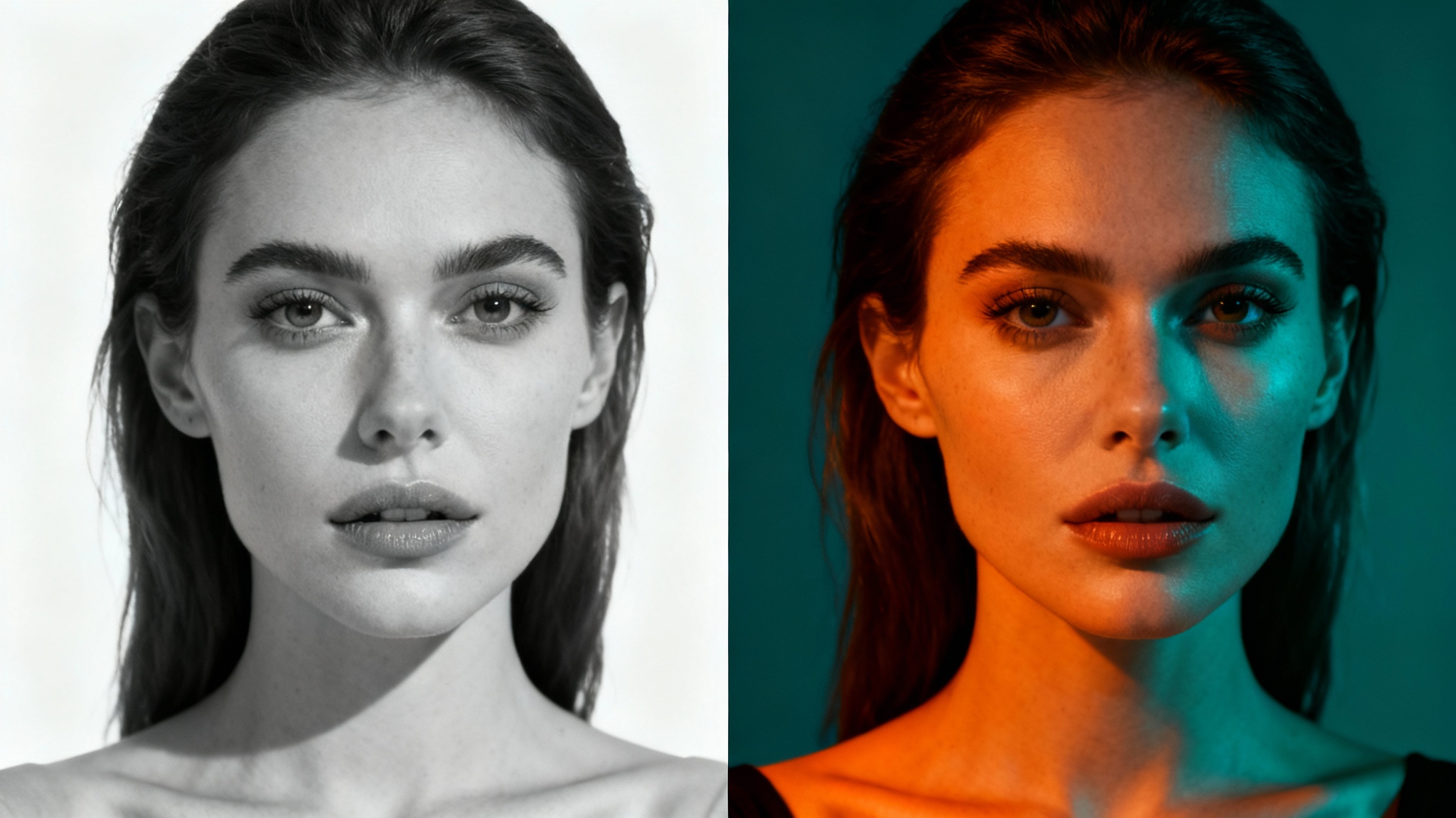 A split-screen image comparing a portrait before and after applying a Hollywood color grade. The 'before' side is dull and flat, while the 'after' side is vibrant and cinematic with strong teal and orange tones.