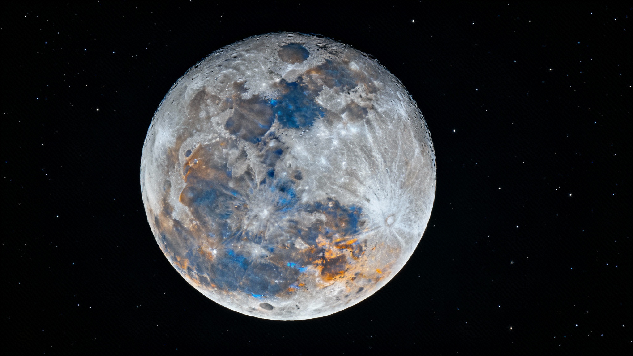 A hyper-detailed, professionally edited photograph of the full moon, showing sharp craters and subtle colors against the blackness of space, as if created with a moon photo editor.
