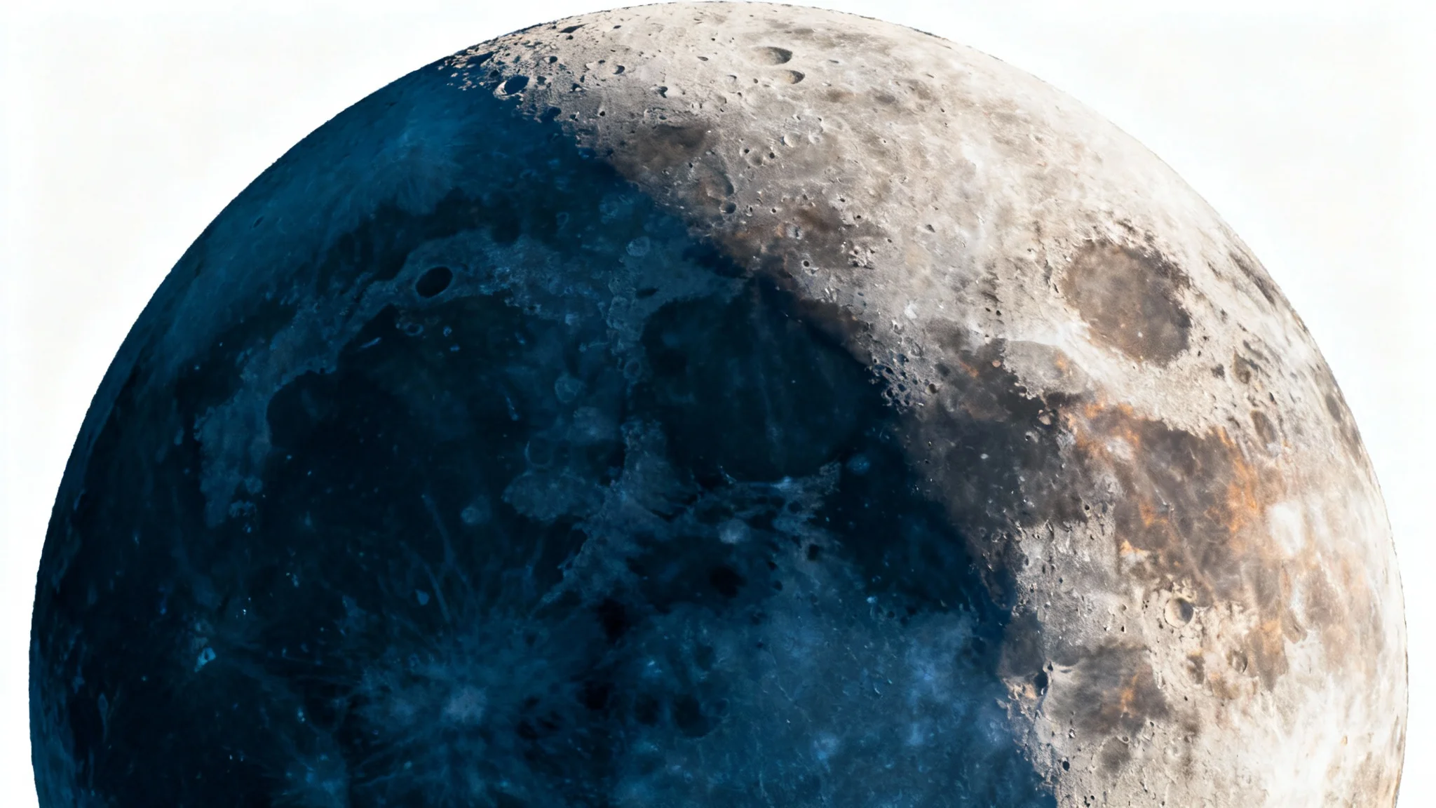 A hyper-realistic, professionally edited close-up photograph of the full moon, highlighting detailed craters and a richly colored surface, set against a stark white background.