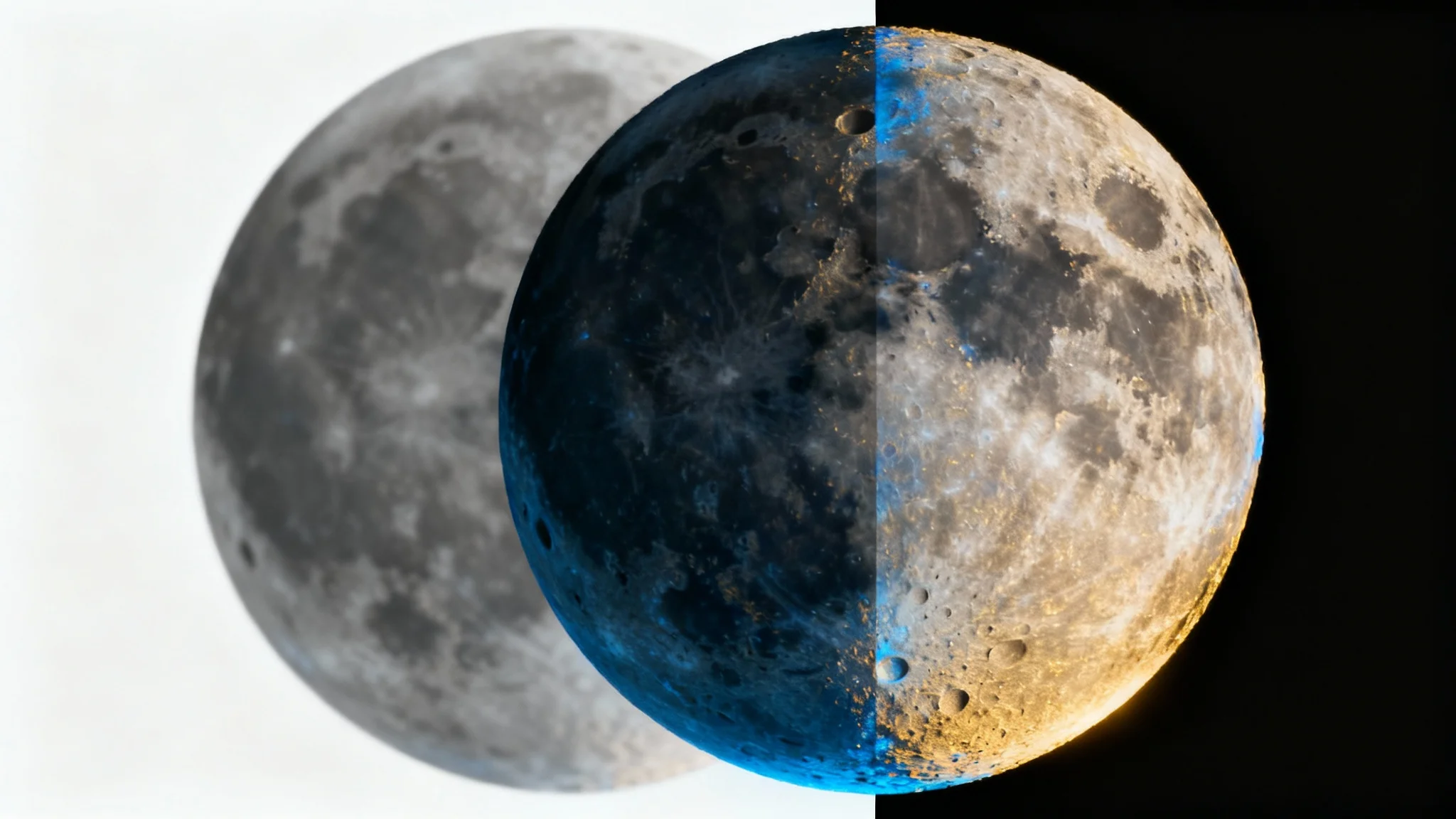 A before-and-after style mockup of a moon photograph being edited. The left side is standard, and the right side is enhanced with extreme detail, sharpness, and vibrant color, all on a white background.