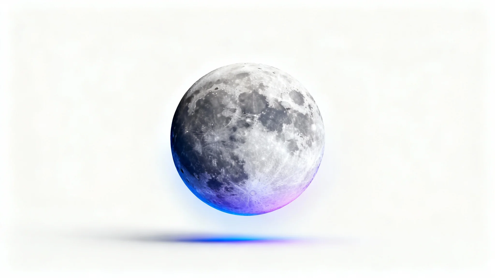 A photorealistic, digitally edited supermoon with a subtle blue and purple glow, shown floating against a plain white background to highlight its incredible detail.