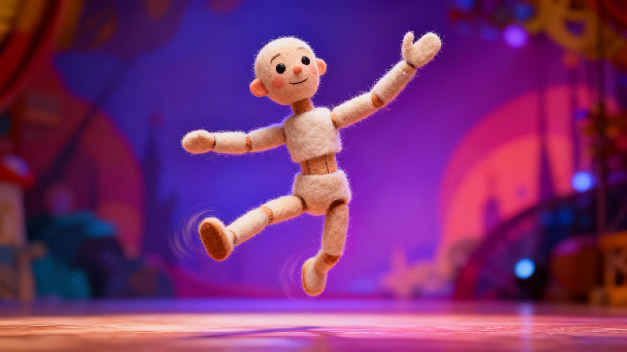 A polished final frame from a puppet animation, showing a handcrafted puppet in a dynamic, joyful pose against a stylized, rendered background, representing the finished result of the animation process.