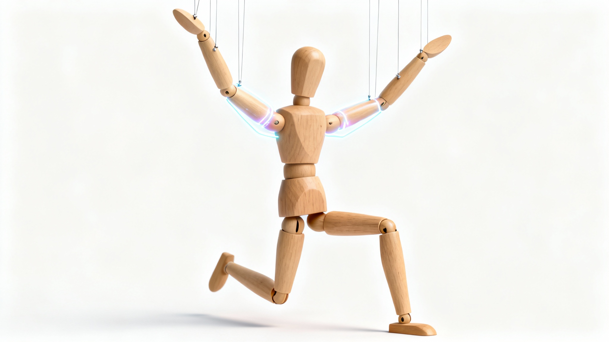 An articulated wooden mannequin in a dynamic pose against a white background, with glowing digital lines attached to its joints to illustrate the concept of puppet pin animation.