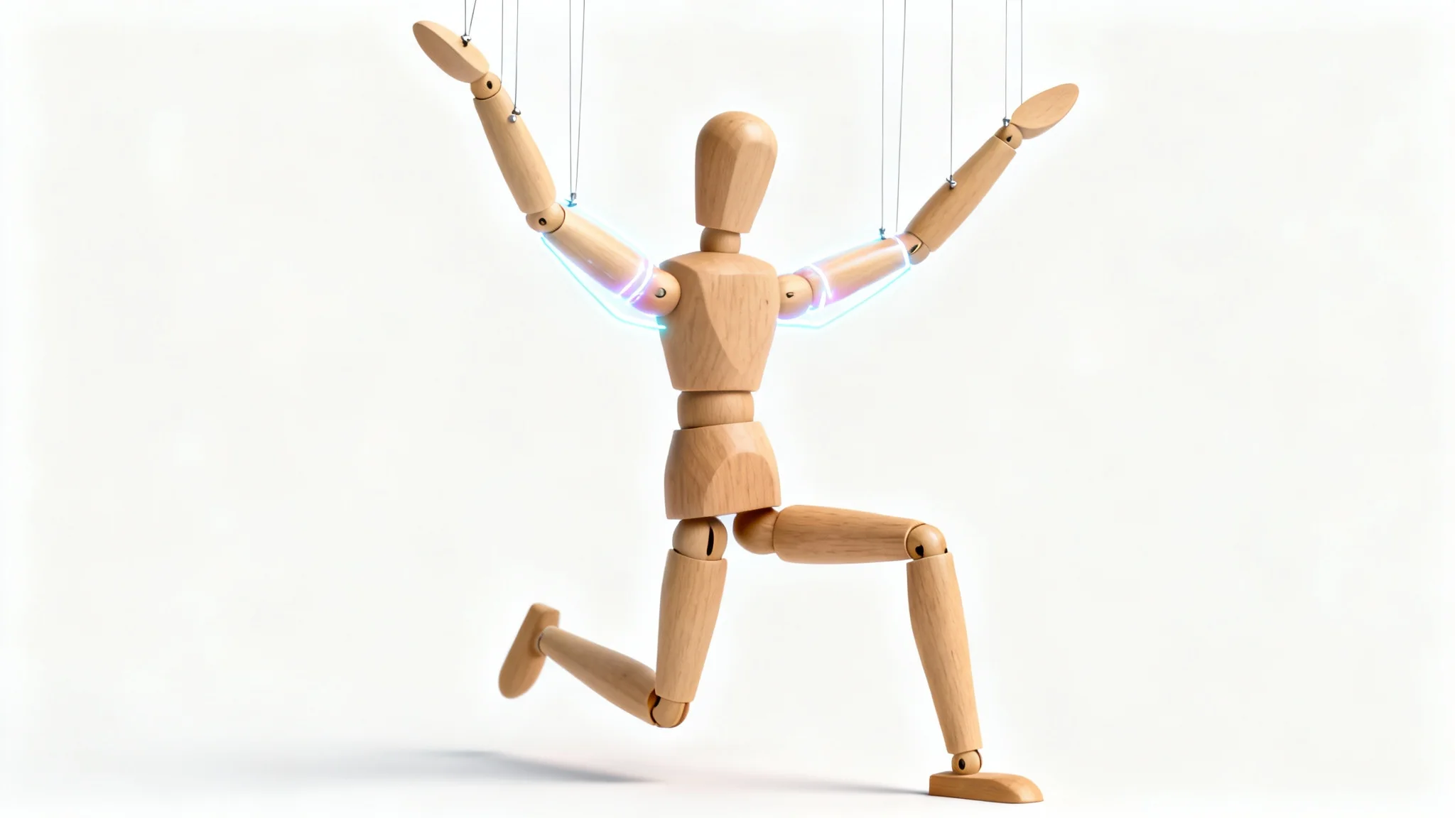 An articulated wooden mannequin in a dynamic pose against a white background, with glowing digital lines attached to its joints to illustrate the concept of puppet pin animation.
