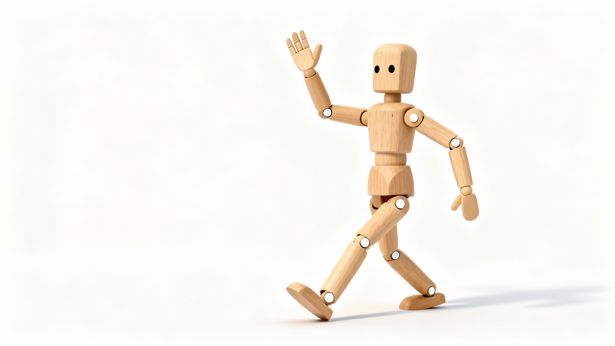 A 3D render of a friendly wooden robot puppet on a white background, with visible pins at its joints to illustrate the concept of puppet pin animation.