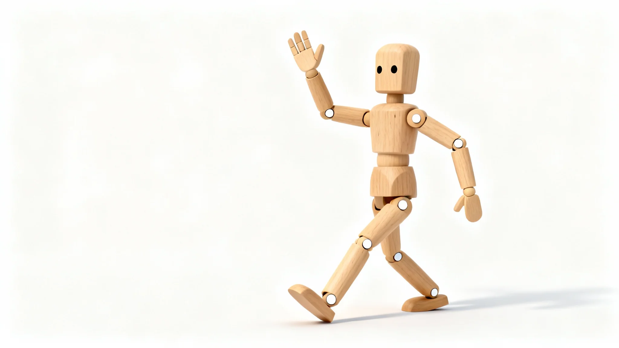 A 3D render of a friendly wooden robot puppet on a white background, with visible pins at its joints to illustrate the concept of puppet pin animation.