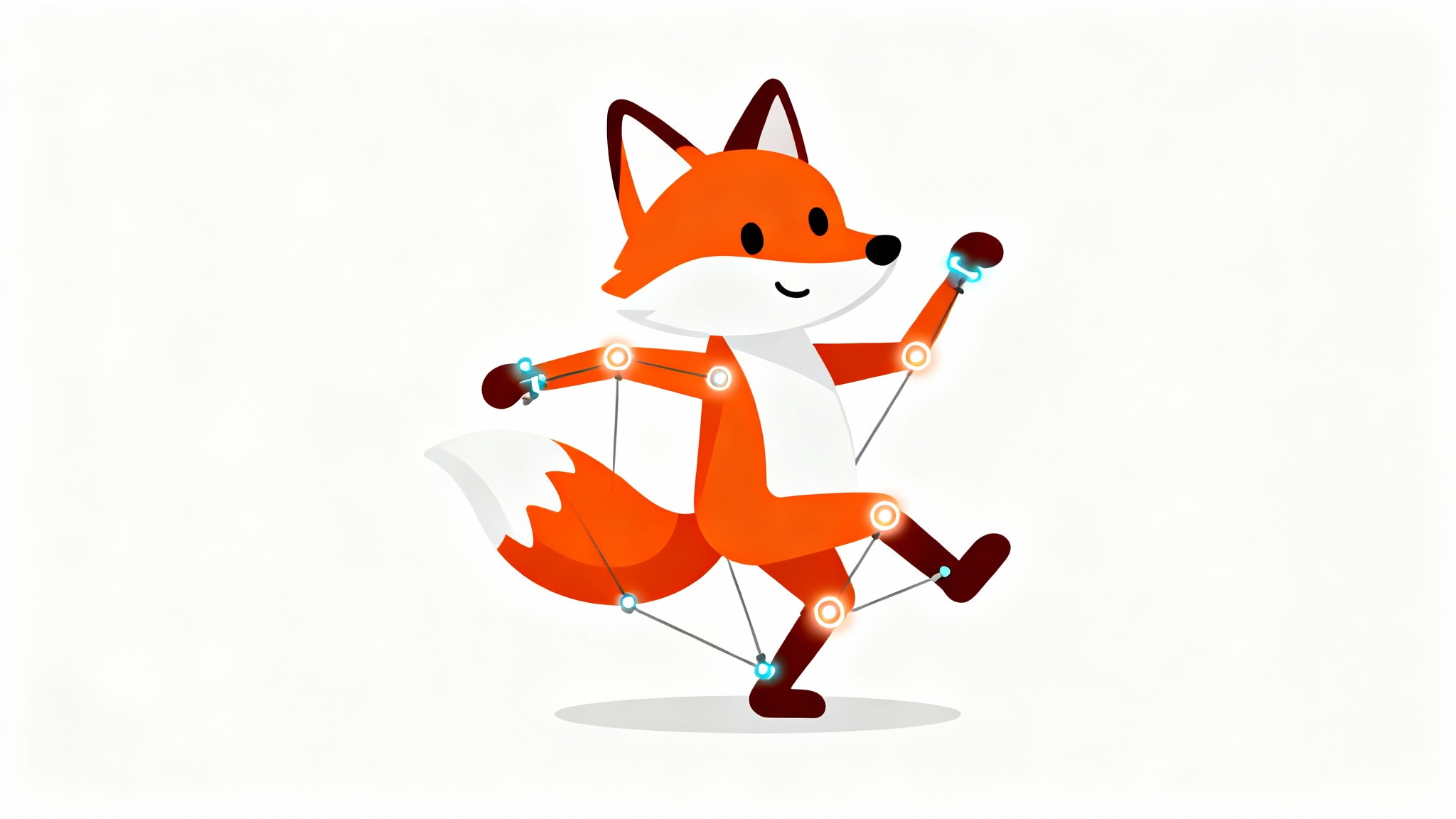 A vector illustration of a cartoon fox with glowing puppet pins on its joints, demonstrating the concept of puppet pin animation.