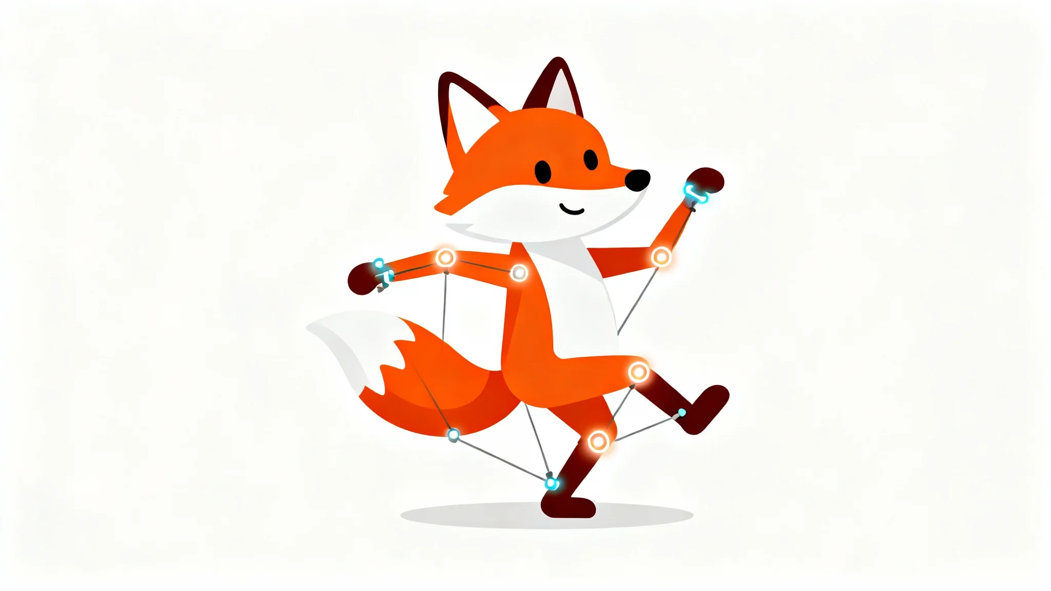 A vector illustration of a cartoon fox with glowing puppet pins on its joints, demonstrating the concept of puppet pin animation.
