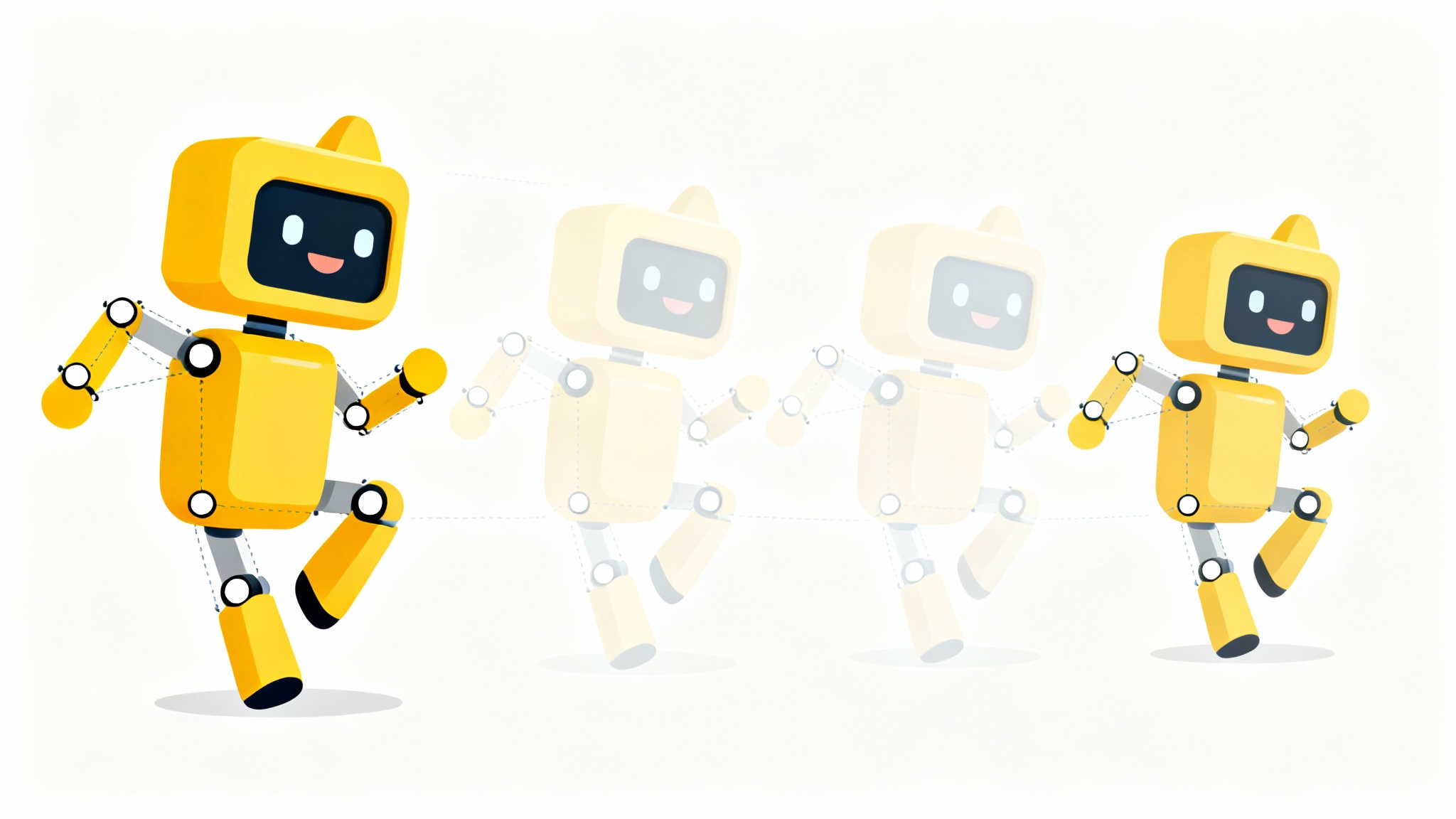 A stylized cartoon character illustrating puppet pin animation, with visible pins on its joints and transparent after-images showing its movement, all against a clean white background.