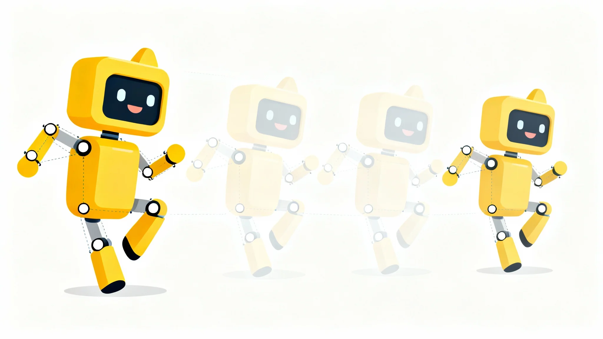 A stylized cartoon character illustrating puppet pin animation, with visible pins on its joints and transparent after-images showing its movement, all against a clean white background.