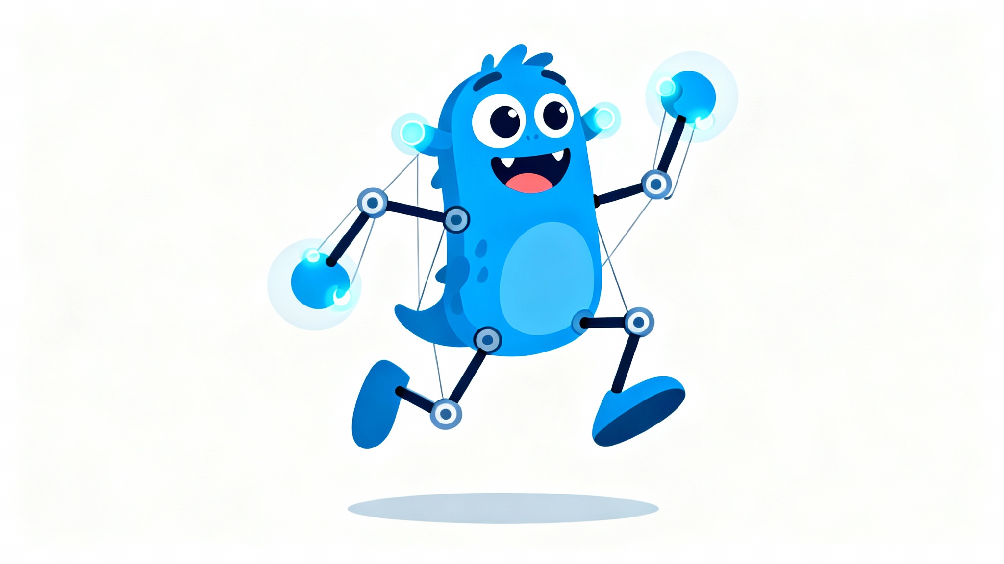 A 2D cartoon illustration of a friendly blue monster jumping. Small, glowing circles are visible at its joints, demonstrating the concept of puppet pin animation.