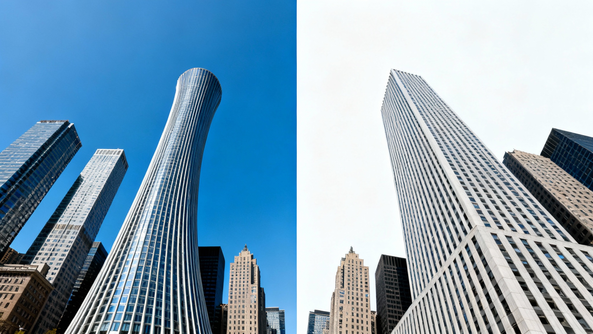 A before-and-after split image showing the effect of lens distortion removal. The left side displays a cityscape with curved, distorted buildings, while the right side shows the same cityscape with perfectly straight, corrected buildings.