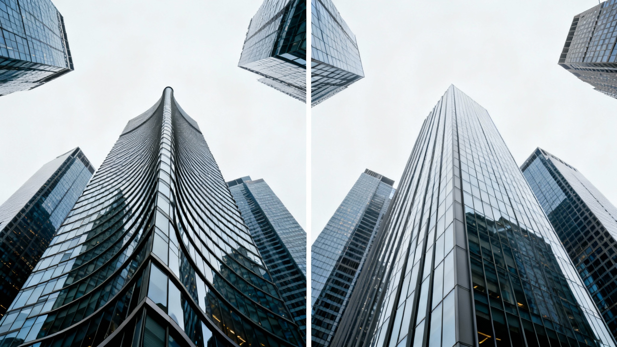 A before-and-after image illustrating lens distortion correction. The left side shows a city skyline with buildings that appear curved and warped, while the right side shows the same skyline with perfectly straight buildings.