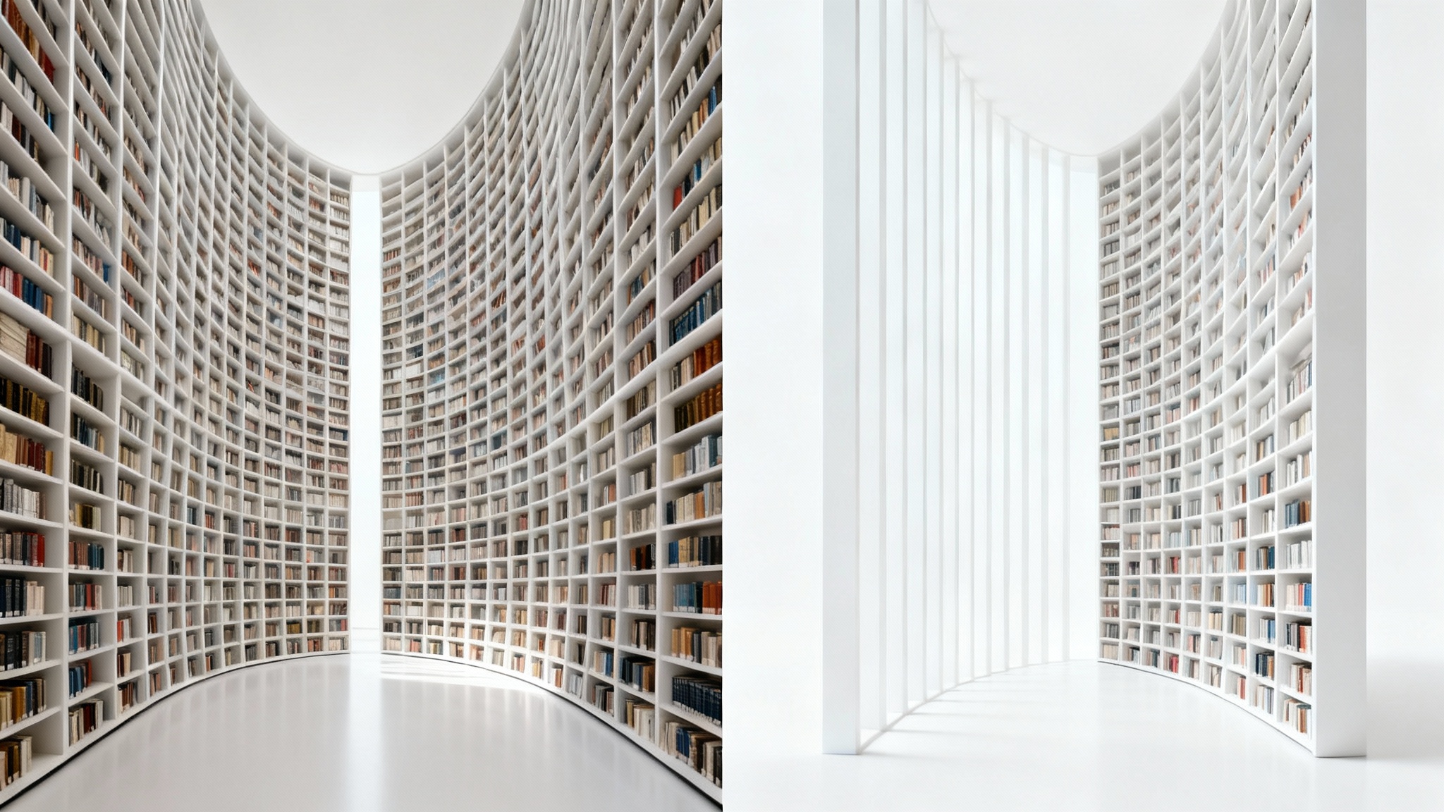A comparison image showing the effect of removing lens distortion. The left side shows a library with curved, distorted bookshelves, while the right side shows the same library with perfectly straight bookshelves after correction.
