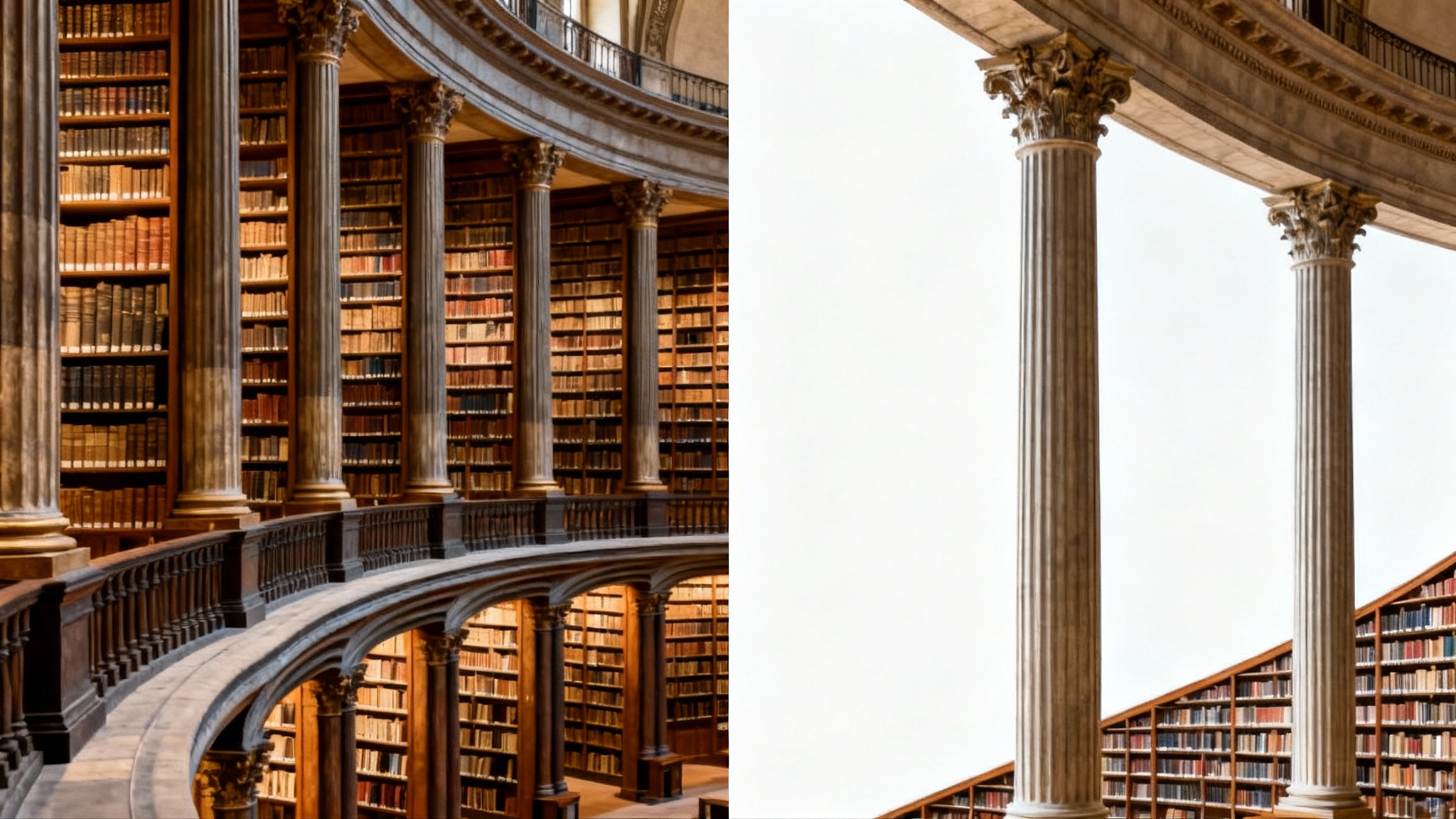 A split-screen image demonstrating the removal of lens distortion. The left side shows a distorted photo of a library interior with curved lines, and the right side shows the same photo with perfectly straight, corrected lines.
