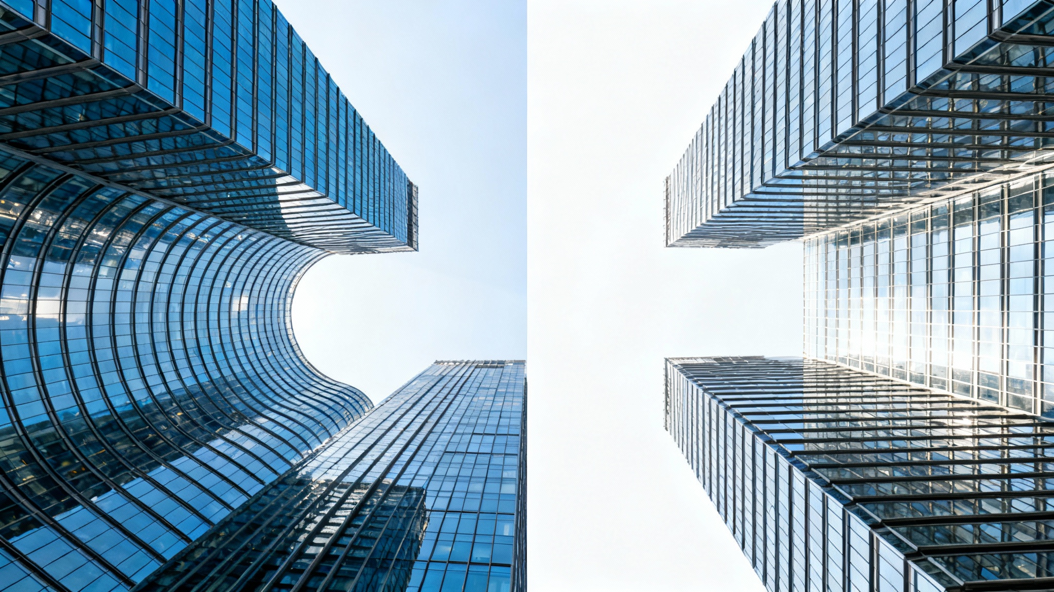 A before-and-after image demonstrating lens distortion removal. The left half shows a cityscape with curved, distorted buildings, and the right half shows the same cityscape with perfectly straight, corrected buildings.